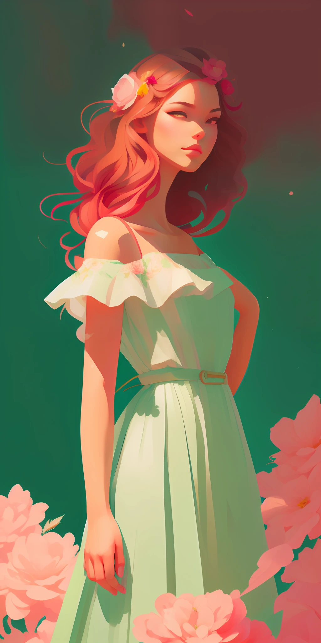 wtrcolor style, (pink) digital art, official art, windblowing, masterpiece, beautiful,highest quality, high resolution image,8k, most beautiful woman, sweet smile, sexy dress,redhead, little butterflies in hair, abundant hair,windless hair, wind-blown dress, rose petals in the air,((watercolor)),  paint splash, intricate detail. Great detail, [drip: 0.7], Trends in Artstation, Rachel Walker, pastel green background