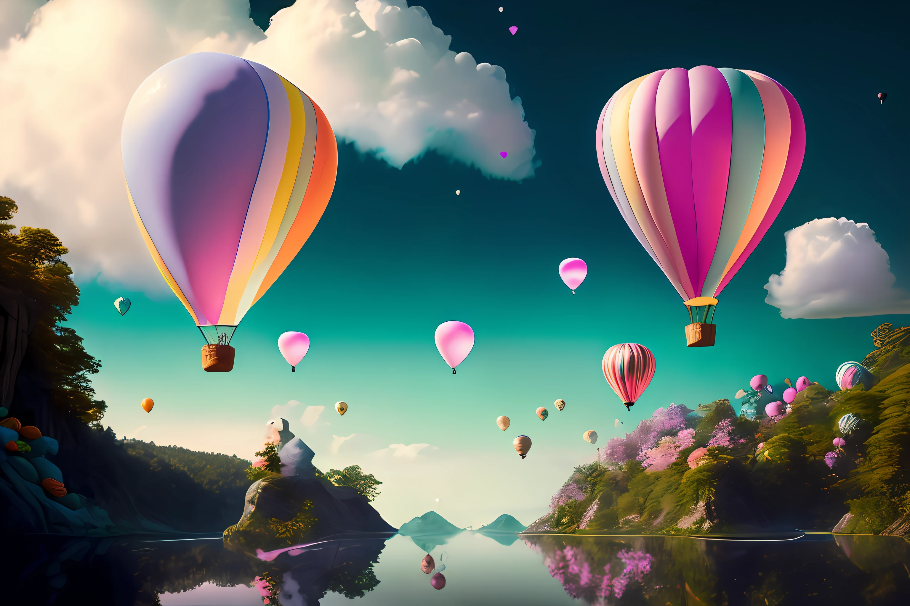 Immerse yourself in a world of pure beauty and wonder, where small, bioluminescent heart-shaped balloons float gracefully above the clouds. These enchanting balloons emit a gentle, otherworldly glow that illuminates the surrounding atmosphere. Against this mesmerizing backdrop, a captivating pair of nymphs appears, exuding a breathtaking beauty that captivates the senses. The composition of the scene is flawlessly arranged, with the nymphs positioned in perfect harmony with the floating balloons, creating a visually stunning tableau. The level of detail in this image is extraordinary, capturing the delicate textures and intricate patterns of the balloons, as well as the ethereal features of the nymphs. This photograph is a true work of art, a masterpiece that showcases the beauty and magic of the natural world. It is captured in astonishing 4K resolution, ensuring that every exquisite detail and breathtaking moment is preserved in breathtaking clarity --no toy, sculpture, 2 heads, 2 faces, ugly, tiling, poorly drawn hands, poorly drawn, crossed eyes, poorly drawn face, out of frame, extra limbs, disfigured, deformed, body out of frame, blurry, bad anatomy, blurred, watermark, grainy, signature, cut off, draft, duplicate, distortion of proportions, anatomy, coppy, multi, two faces, disfigured, kitsch, oversaturated, grain, low-res, mutation, mutated, extra limb, missing limb, loating limbs, disconnected limbs, malformed hands, blur, out of focus, mutilated, mangled, old, heterochromia, dots, bad quality, weapons, NSFW, draft -