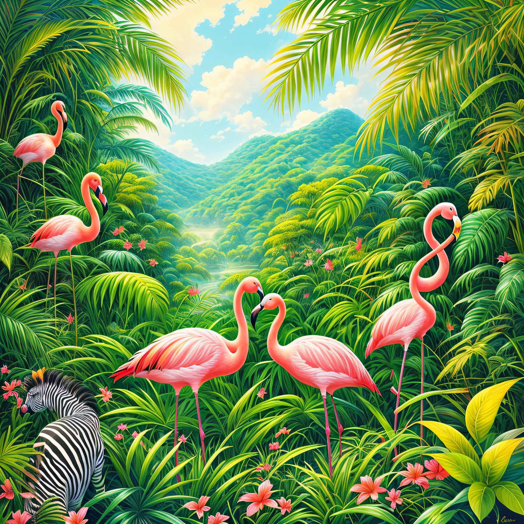Award-winning painting of flamingos and (zebras) in the middle of a jungle, tropical birds, highly defined texture of feathers, rare bird in jungle, HD illustration, a beautiful art illustration, beautiful nature, beautiful detailed illustration, highly detailed illustration.", the background is lush jungle, highly detailed illustration, tropical, tropical, high quality illustration, highly detailed illustration, highly detailed digital painting, inspired by Hildebrandt++, Winning Award