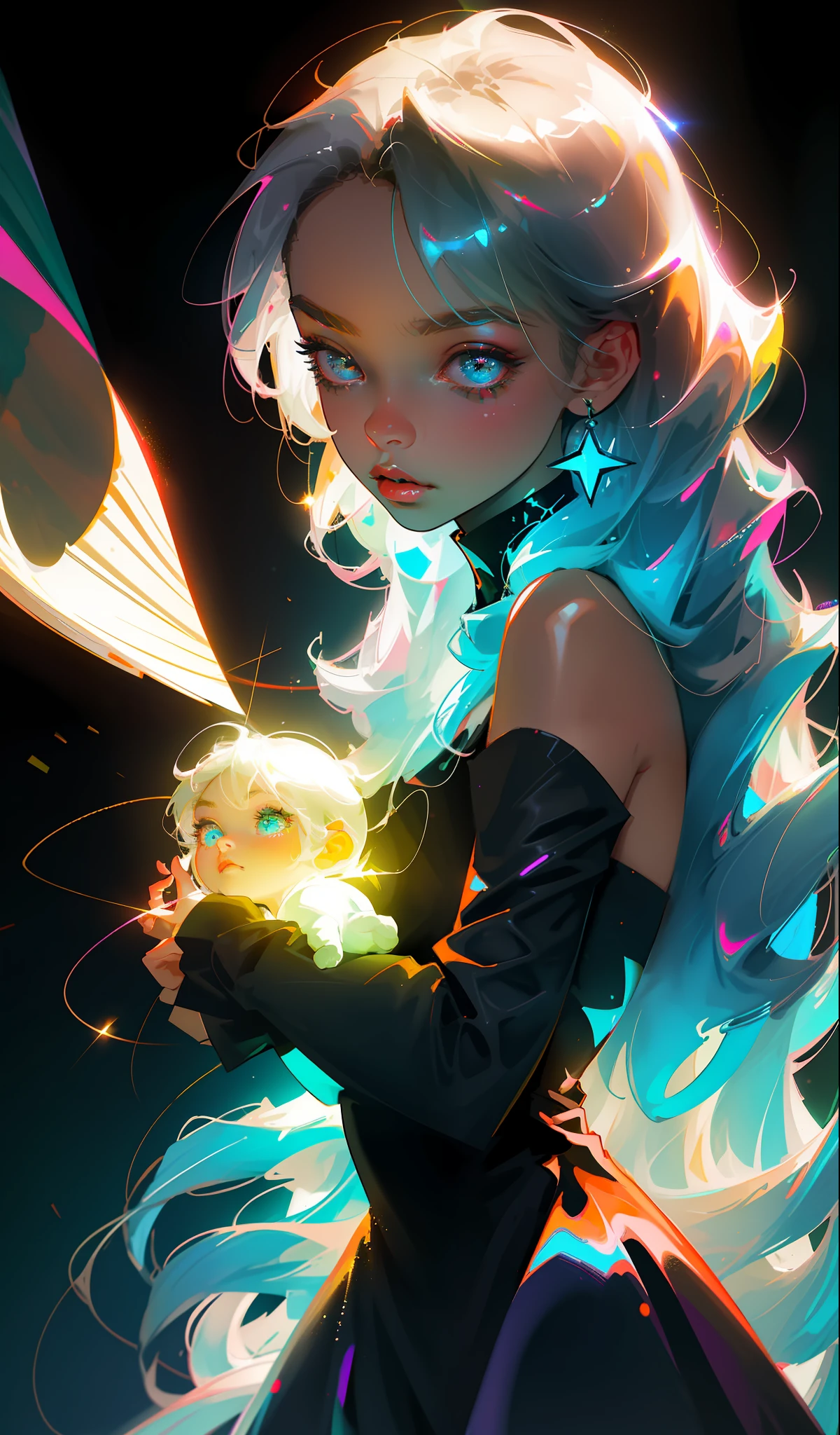 Masterpiece, best quality, super high resolution, fluorescent color,
1 girl, looking at the audience, beautiful face, beautiful eyes, (off-the-shoulder: 1.2), head up, upper body, forest, shiny hair, shiny skin, glowing cut, chibi, finger scale coordination, black starlight dress, particles