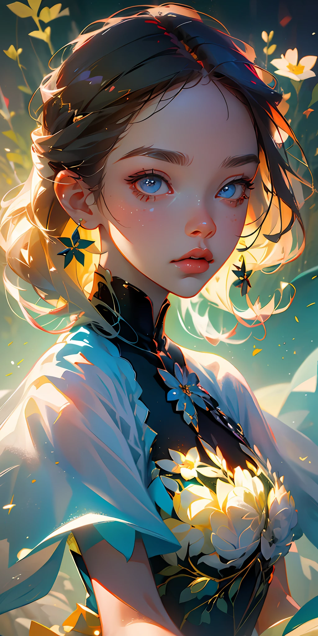 (best quality, masterpiece), 1girl, pose, particle, wind, flower, upper body, simple background, looking at viewer, focus on face, blonde,