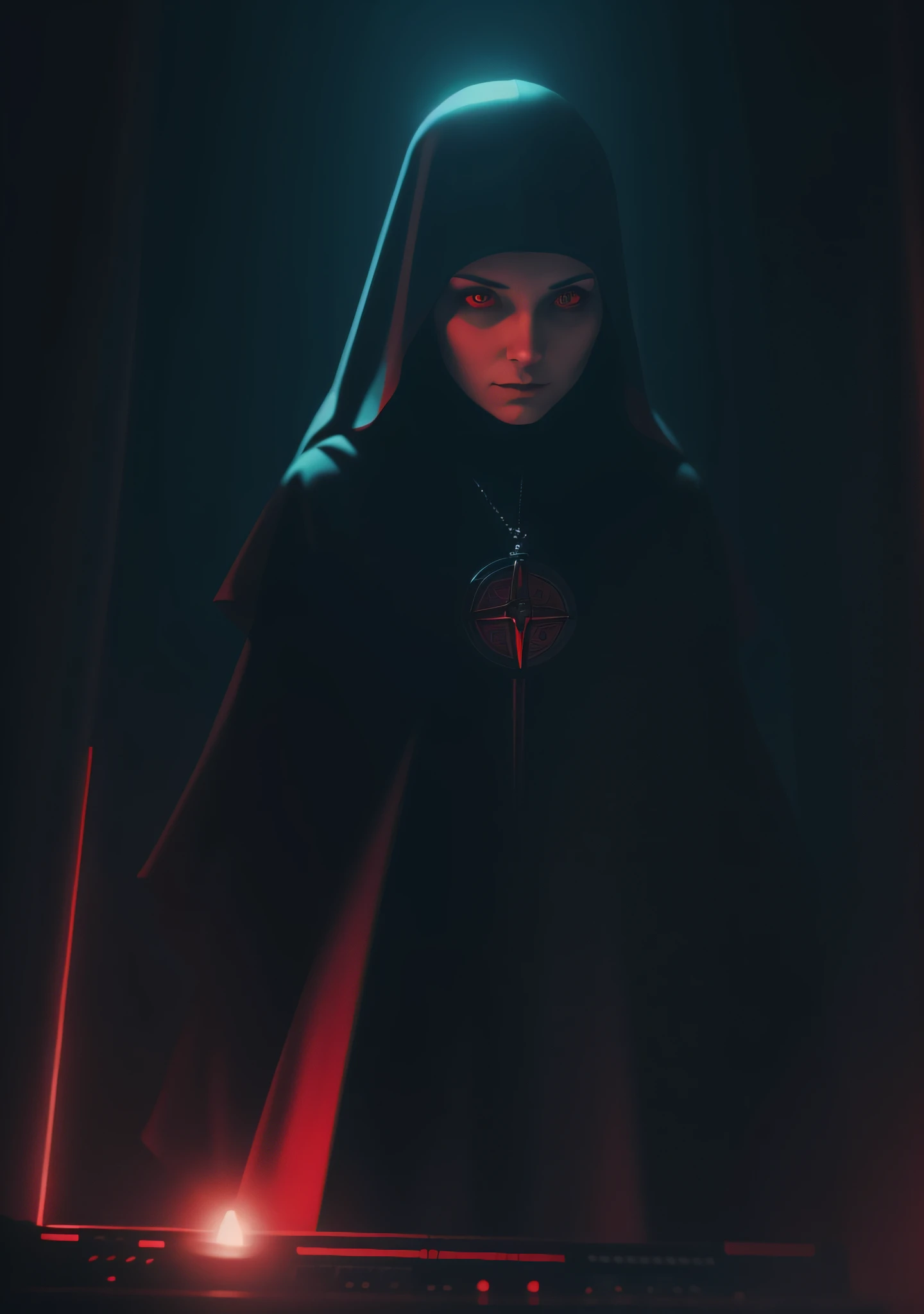 woman dj nun, dark, horror, red tones, gothic church in the background, ultra realistic, horror movie lighting, scary, chaos, neon lights in the background, realistic, dark, Fujifilm Fujichrome Provia 100F movie, flashlight, ultra realistic, 8K UHD. --auto --s2