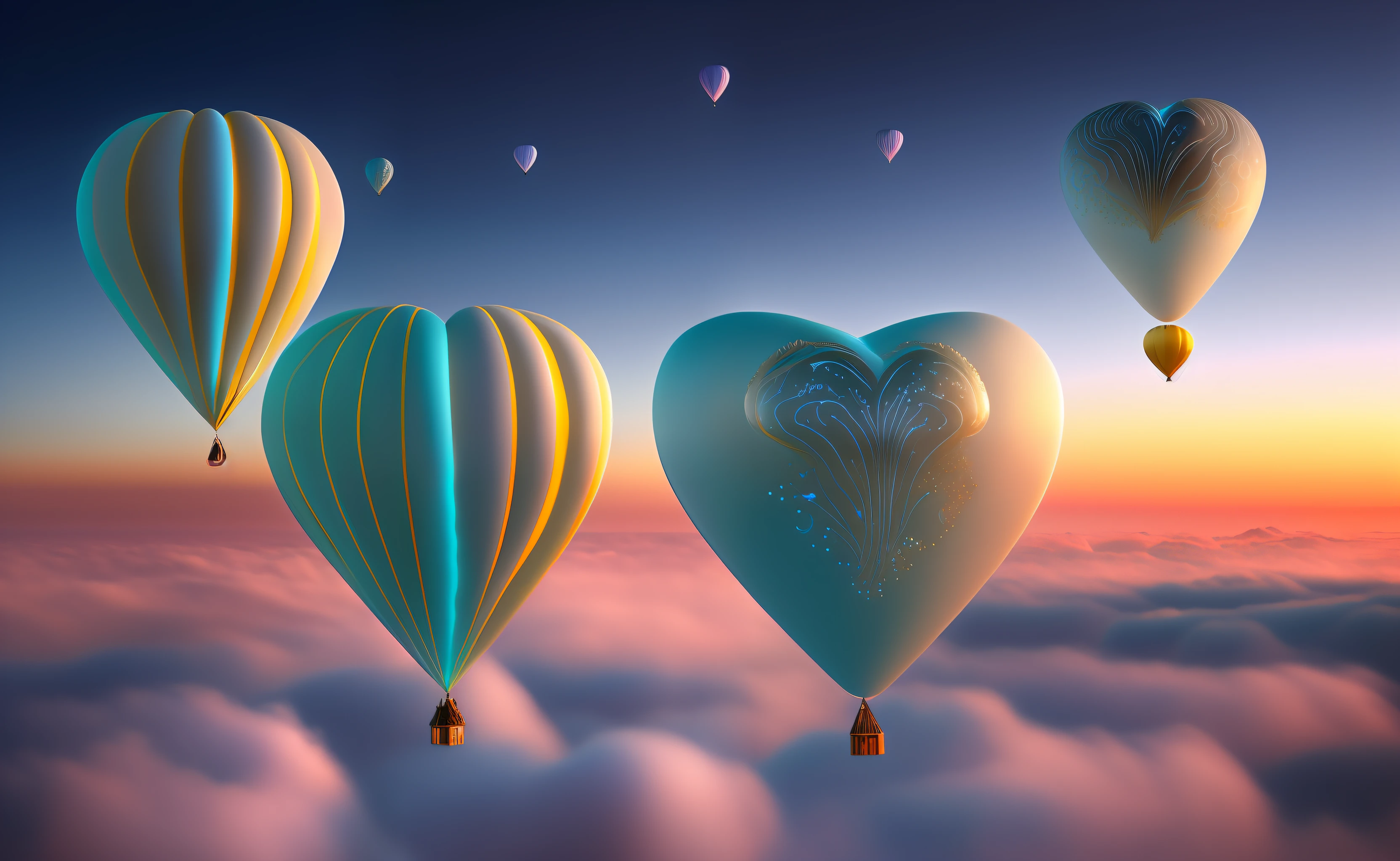Prepare to be mesmerized as you witness a breathtaking photograph capturing the beauty of small heart-shaped bioluminescent balloons floating above the clouds. This captivating image features a flawless composition, meticulously arranged to create an artistic masterpiece. Every intricate detail of the balloons, from their delicate shape to their mesmerizing glow, is showcased with exceptional clarity. The composition adheres to the principles of the golden ratio, ensuring a visually pleasing and harmonious arrangement. This artwork transcends reality, evoking a sense of awe and serenity. The photograph is expertly captured in mesmerizing 4K resolution, allowing viewers to fully immerse themselves in the enchanting ambiance of this extraordinary scene,