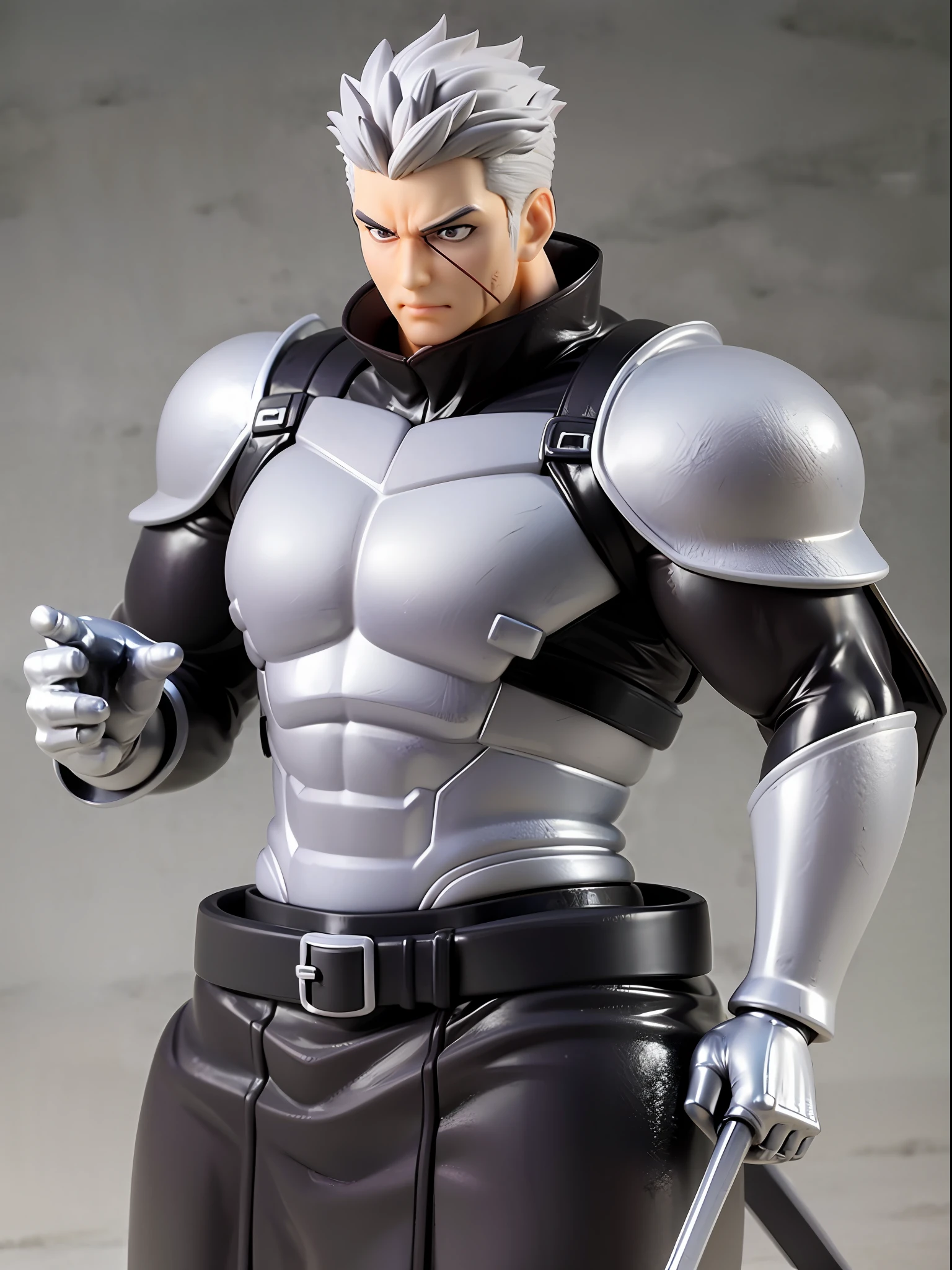 male, gray-haired, muscular, with a battle wound, holding a large sword, large man,片目に黒い眼帯を付けている