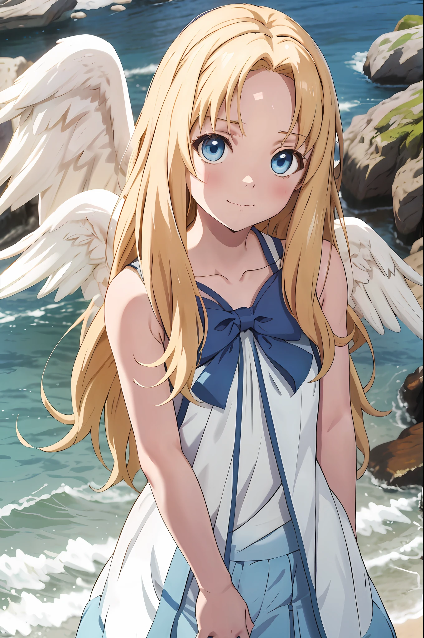 filo, anime style girl, upper body, 1girl, solo, happy, white wings, hite dress, blue bow, long hair, blue eyes, looking at viewer, parted bangs, bent over, arms behind back, bare shoulders, delicate and sexy collarbone, beach, highest quality, high resolution.