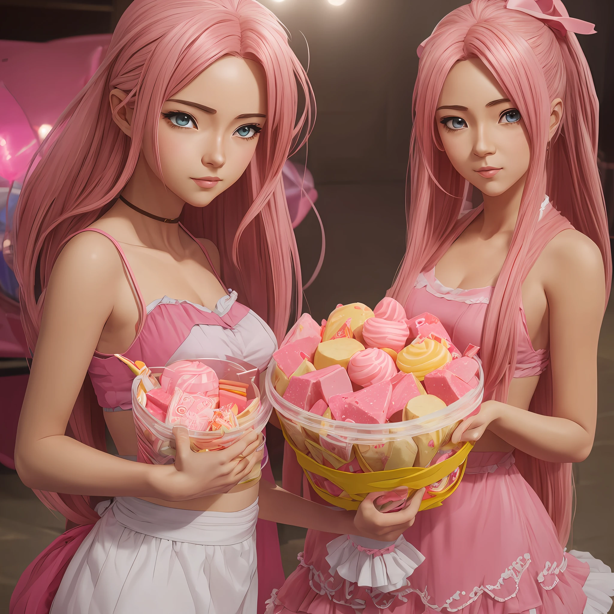 Realistic anime girl, made from sweets, with light pink skin, hair with some sweets.