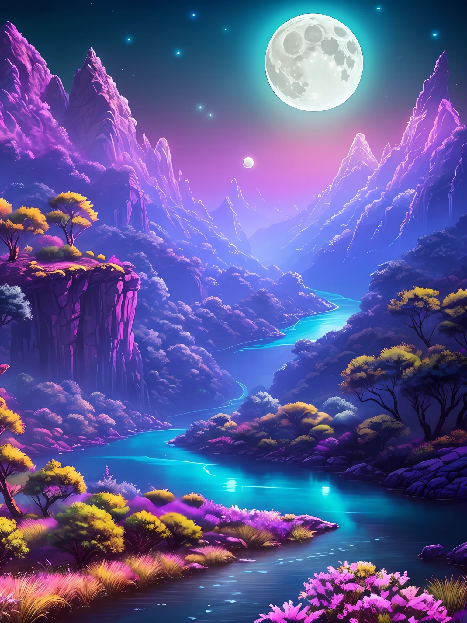 (retrowave):1.2, (nature):0.8, (river):1.1, (purple neon lights):1.4, (moon):0.9, (mountain):0.9, (fantasy):1.1, (blacklights):1.2, masterpiece, ultra-detailed, high resolution.