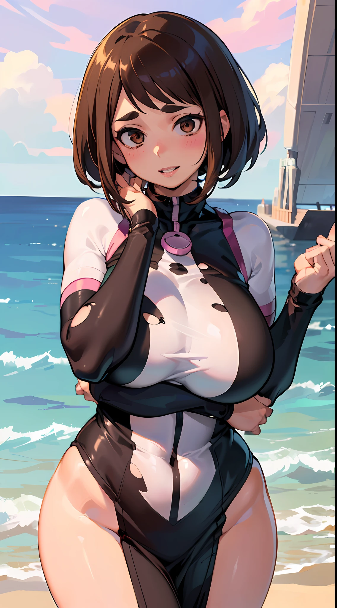 (Best Quality, 8k, 32k,1 Girl, uraraka, short hair, brown hair, Gigantic breasts, Perfect Body, Ultra Detailed Face, Detailed Lips, Thin Eyes, Torn dress, standing, Seductive, Excited, areolas, In the heat, Milf.