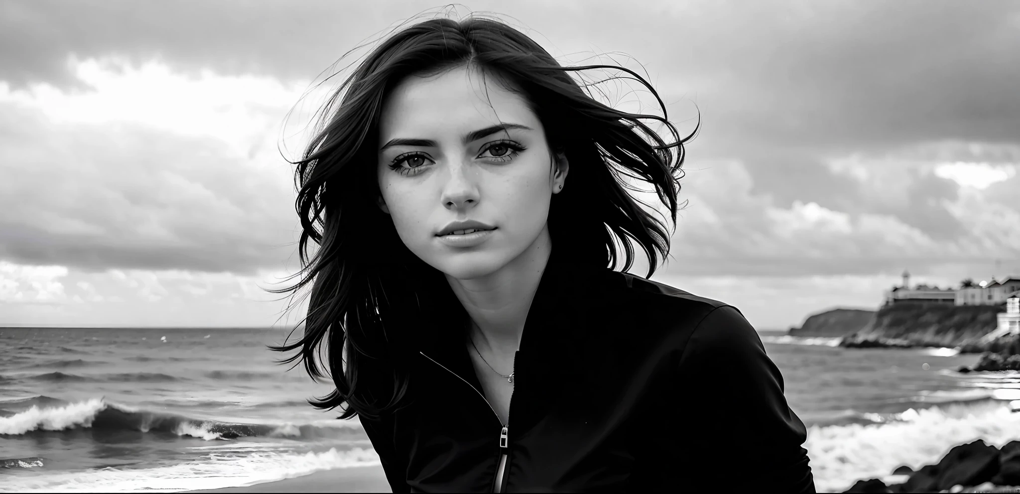 arafed woman with long hair standing on a beach near the ocean, photo of a beautiful woman, black and white portrait, portrait black and white, portrait of a beautiful model, ana de armas portrait, beautiful female model, gorgeous attractive face, 50mm portrait, a beautiful young woman, portrait anime kaya scodelario, 60mm portrait, gorgeous woman