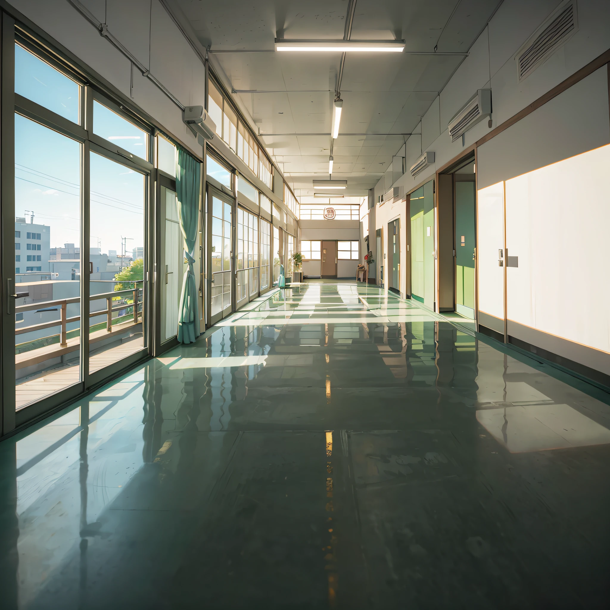 High school building, hallway, daytime, left is window, right is classroom, photo quality, realistic, no people, dense, lower left is umbrella stand, Japan --auto --s2