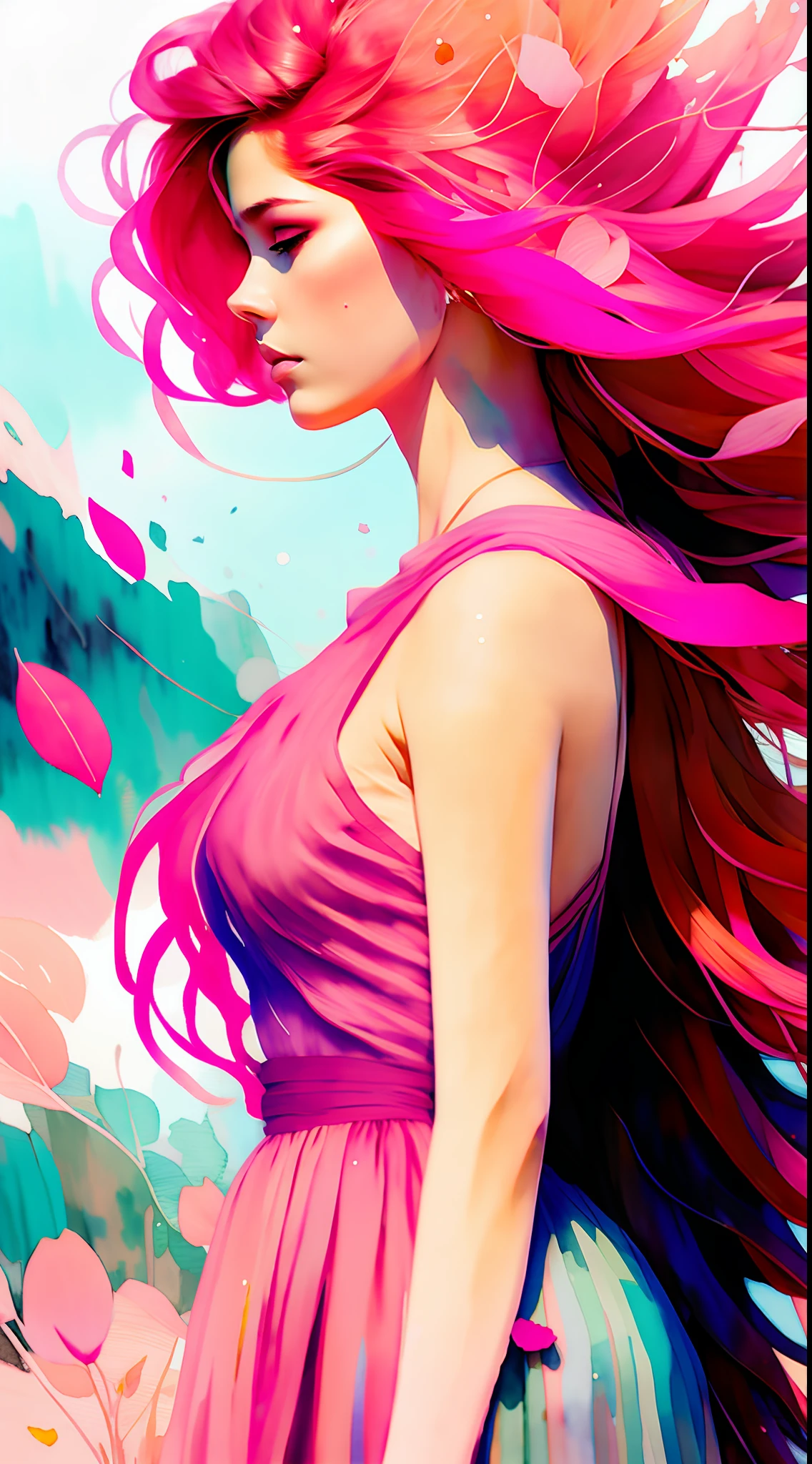 wtrcolor style, (pink) digital art, official art, blown by the wind, masterpiece, beautiful,highest quality, high resolution image,8k, most beautiful woman, redhead, abundant hair,hair disheveled by the wind, rose petals in the air,((watercolor)), paint splash, intricate detail. Great detail, [drip: 0.7], Trends in Artstation, Rachel Walker