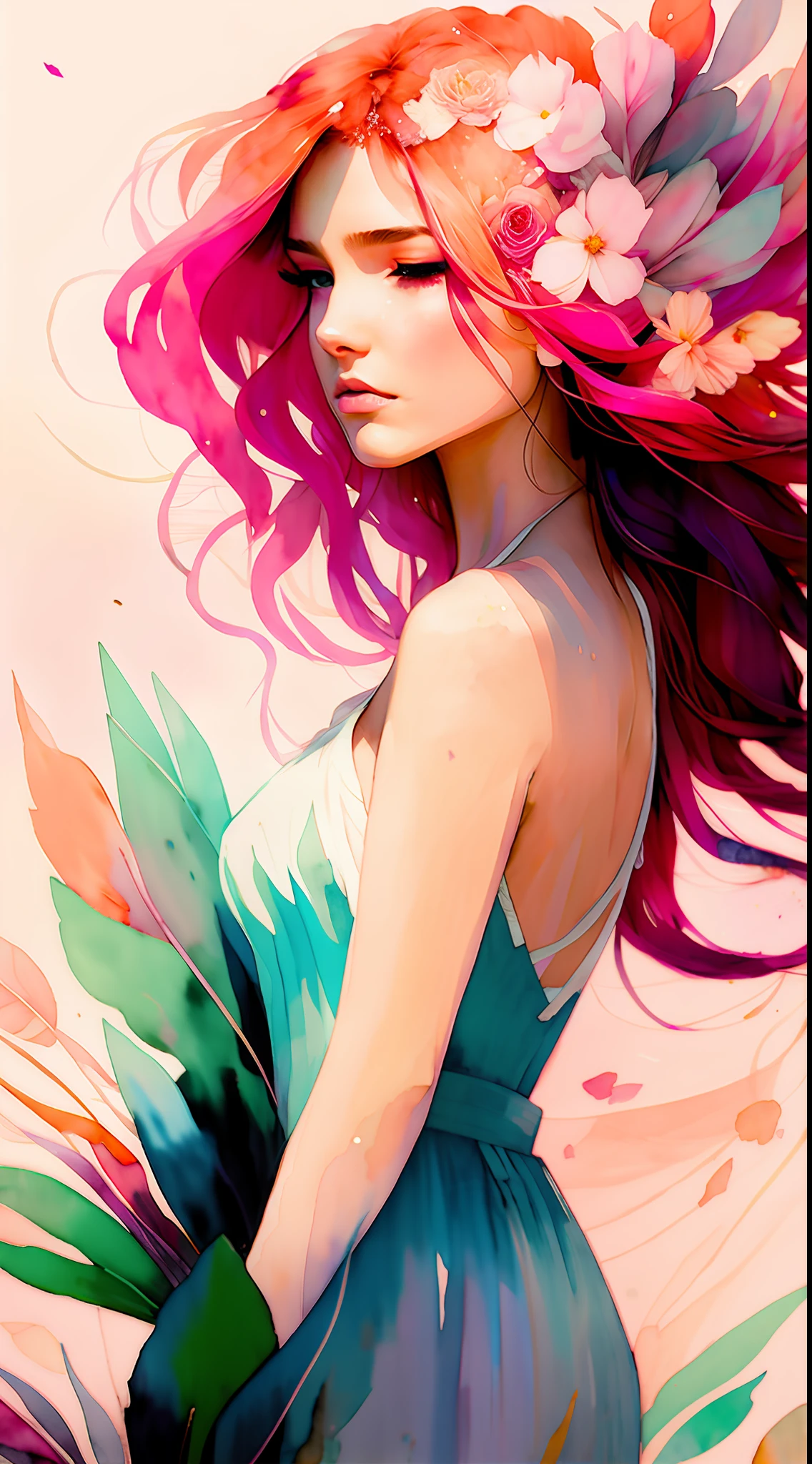 wtrcolor style, (pink) digital art, official art, blown by the wind, masterpiece, beautiful,highest quality, high resolution image,8k, most beautiful woman, redhead, abundant hair,hair disheveled by the wind, rose petals in the air,((watercolor)), paint splash, intricate detail. Great detail, [drip: 0.7], Trends in Artstation, Rachel Walker