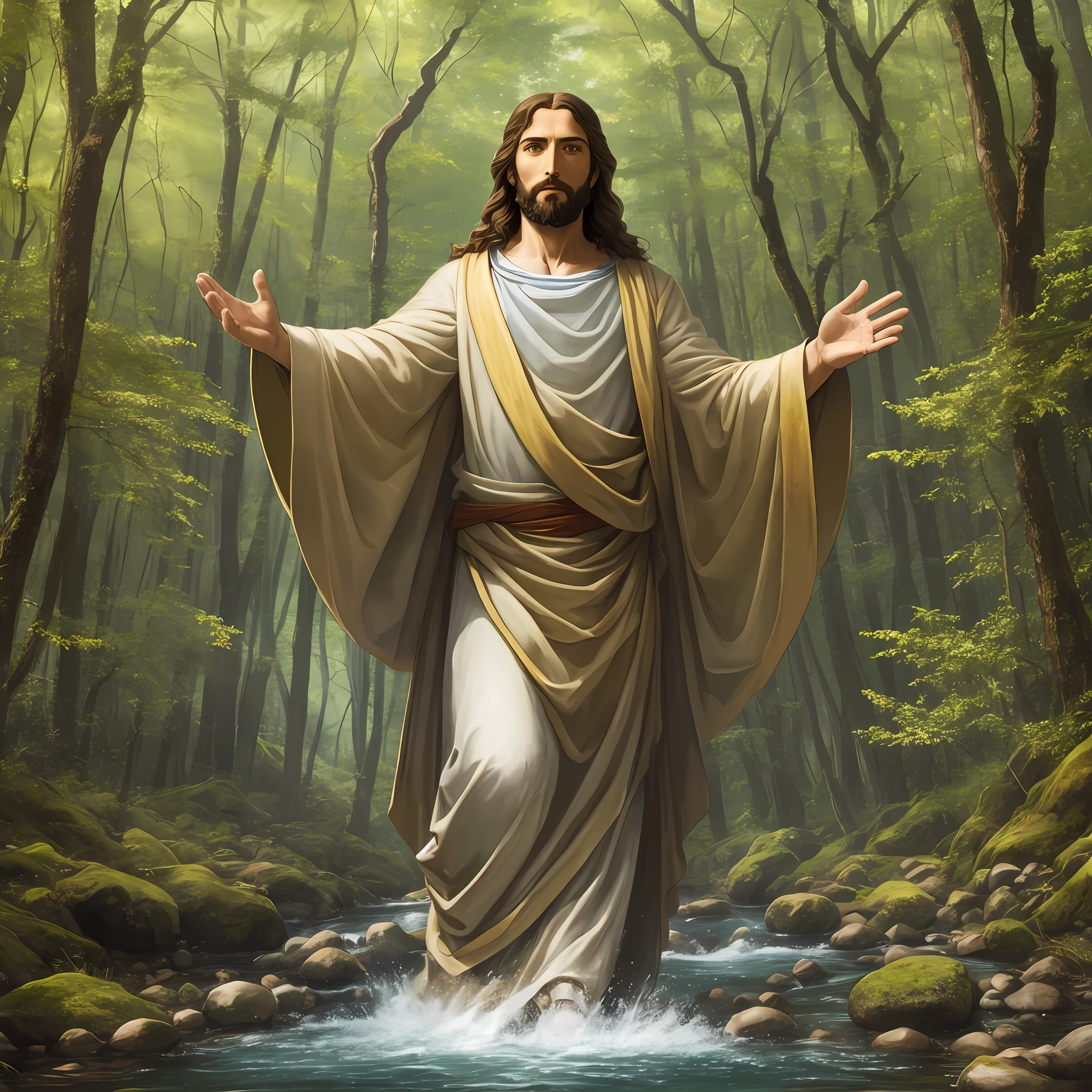 image of jesus christ with outstretched hands, landscape of a forest with a small stream.