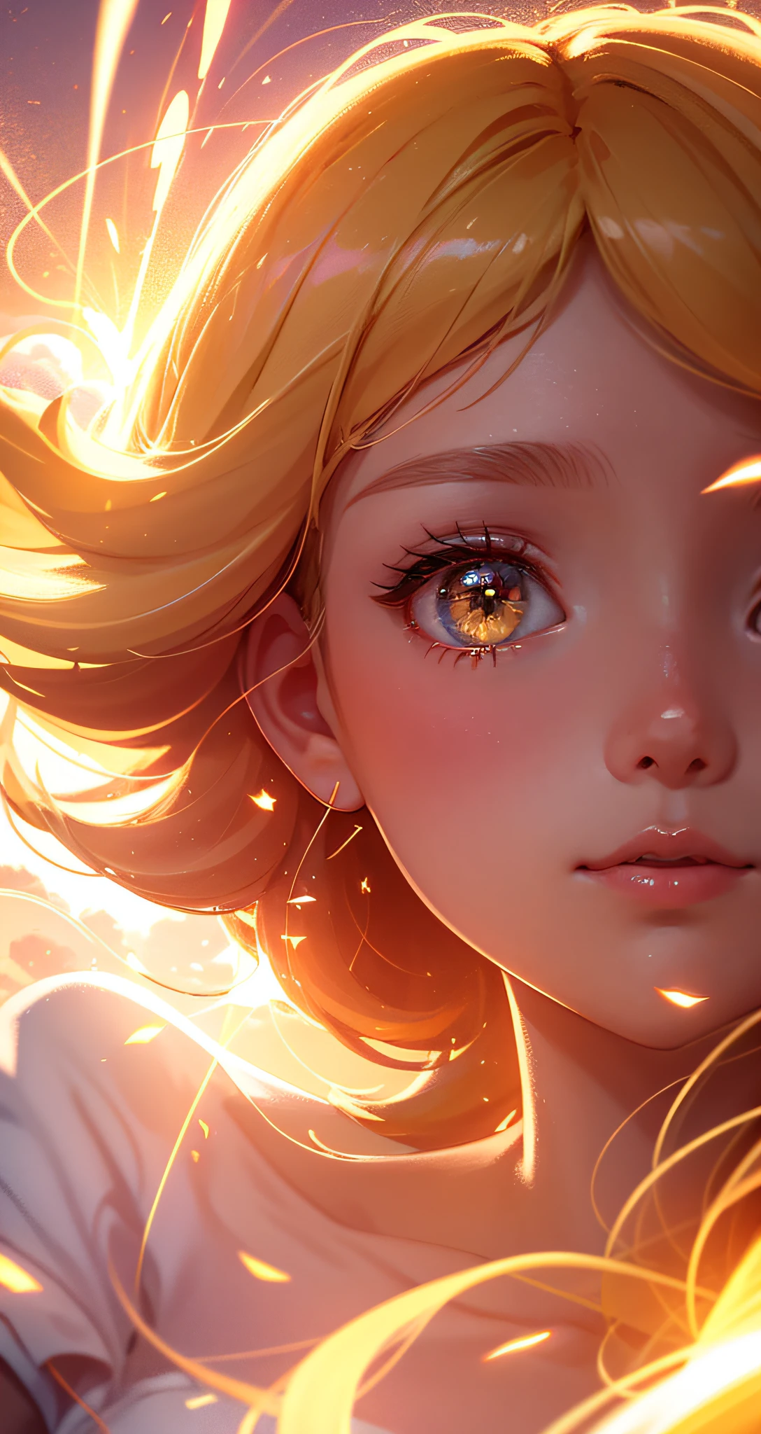 "Masterpiece, superior quality, cinematic depth, girl floating in the clouds, close-up, soft and cozy glow, golden sunset light, overflowing happiness, (sparks: 0.7)"