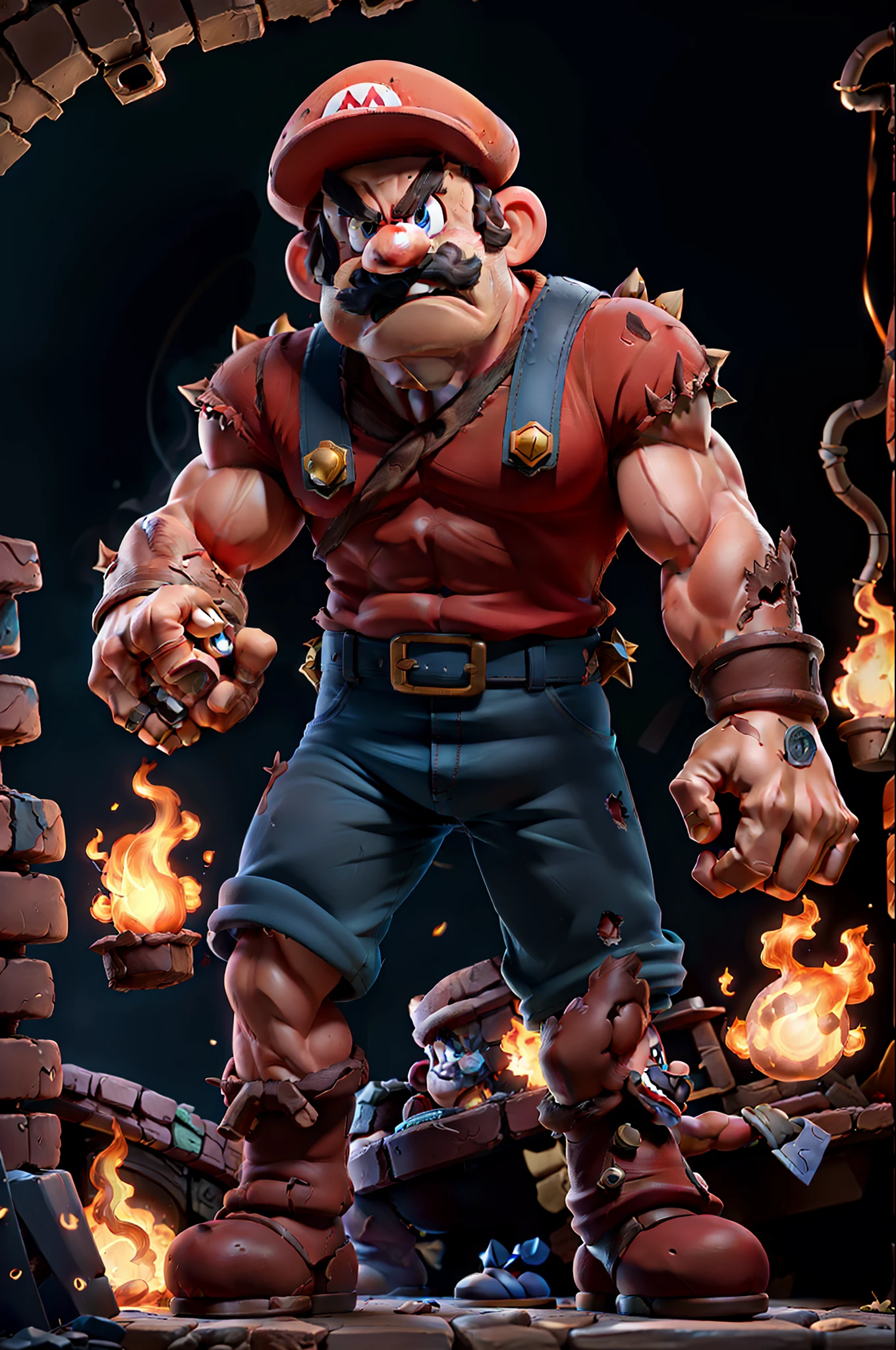 (Super Mario angry shirtless in the sewers), muscular, expressive cu, brown hair, dark lighting, just a flame to illuminate the scene, decaying brick walls in the darkness, tense and dangerous atmosphere, running water, ultra-realistic details.