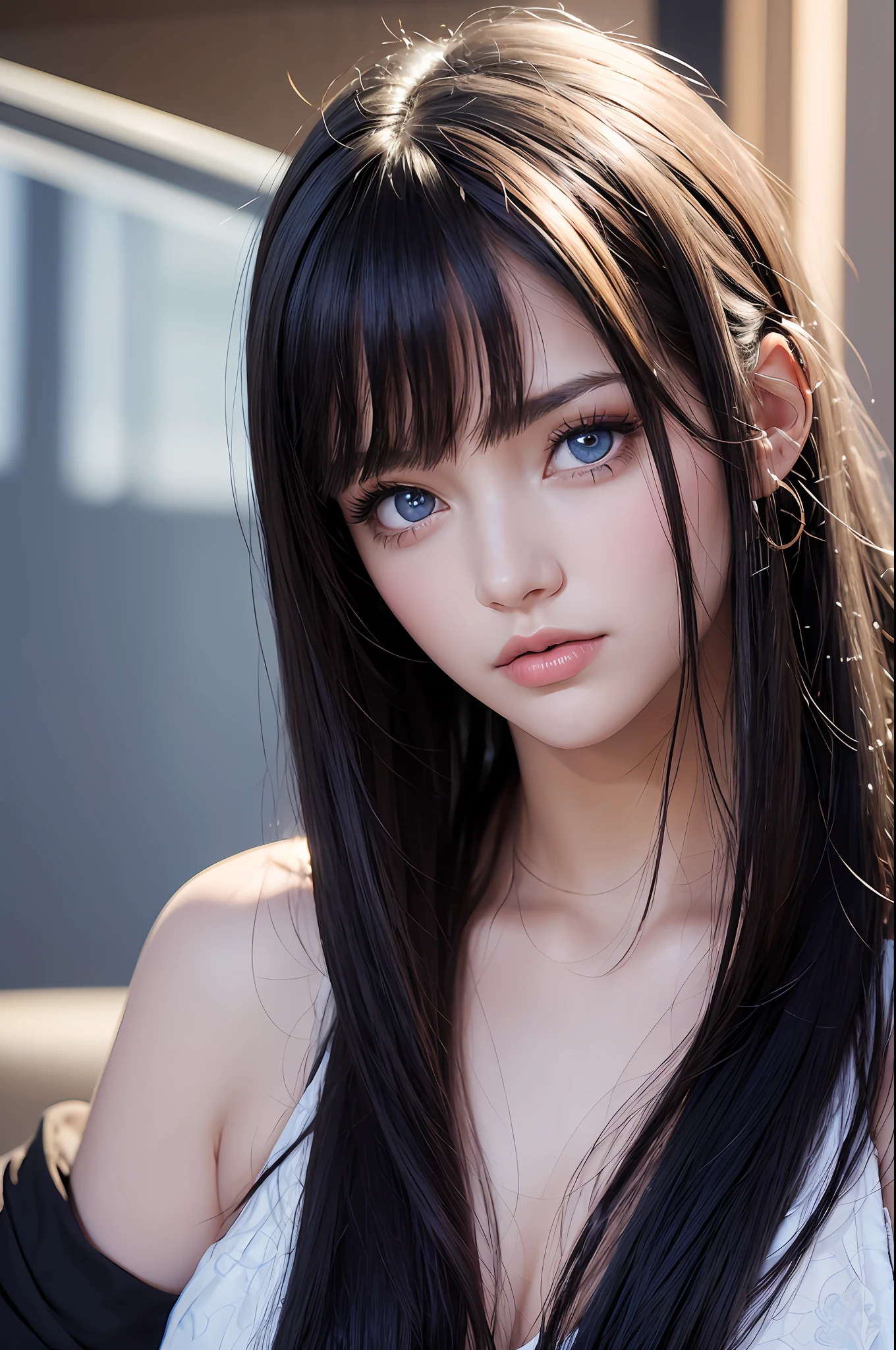 masterpiece, best quality, beautiful young woman, shiny blue eyes, (detailed pupils:1.2), eyelash, beautiful light black hair, streaked hair, multi color, medium hair, perfect face, detailed,
