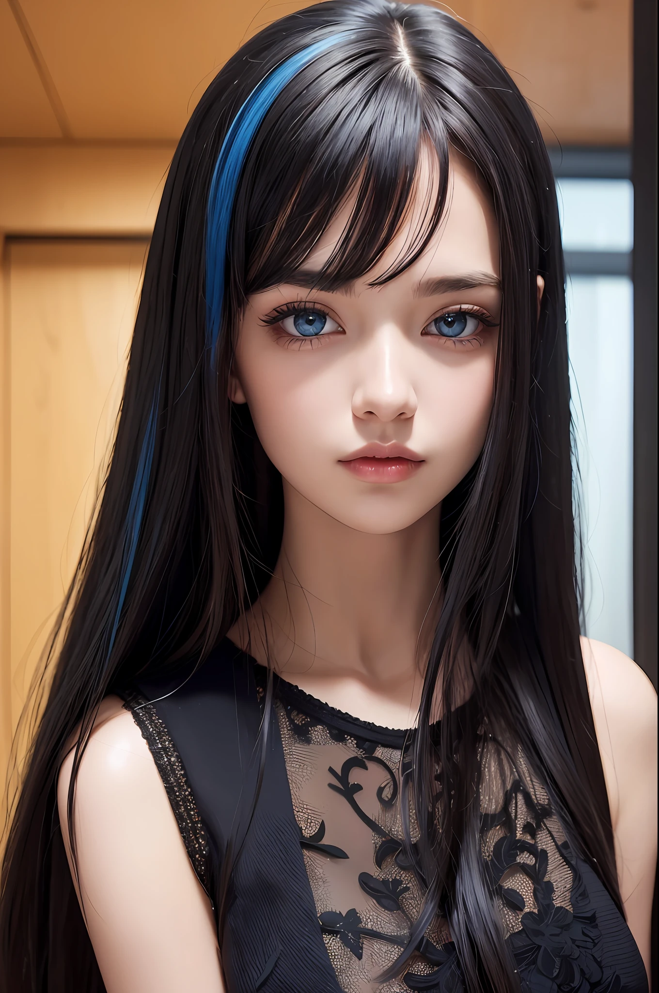 masterpiece, best quality, beautiful young woman, shiny blue eyes, (detailed pupils:1.2), eyelash, beautiful light black hair, streaked hair, multi color, medium hair, perfect face, detailed,