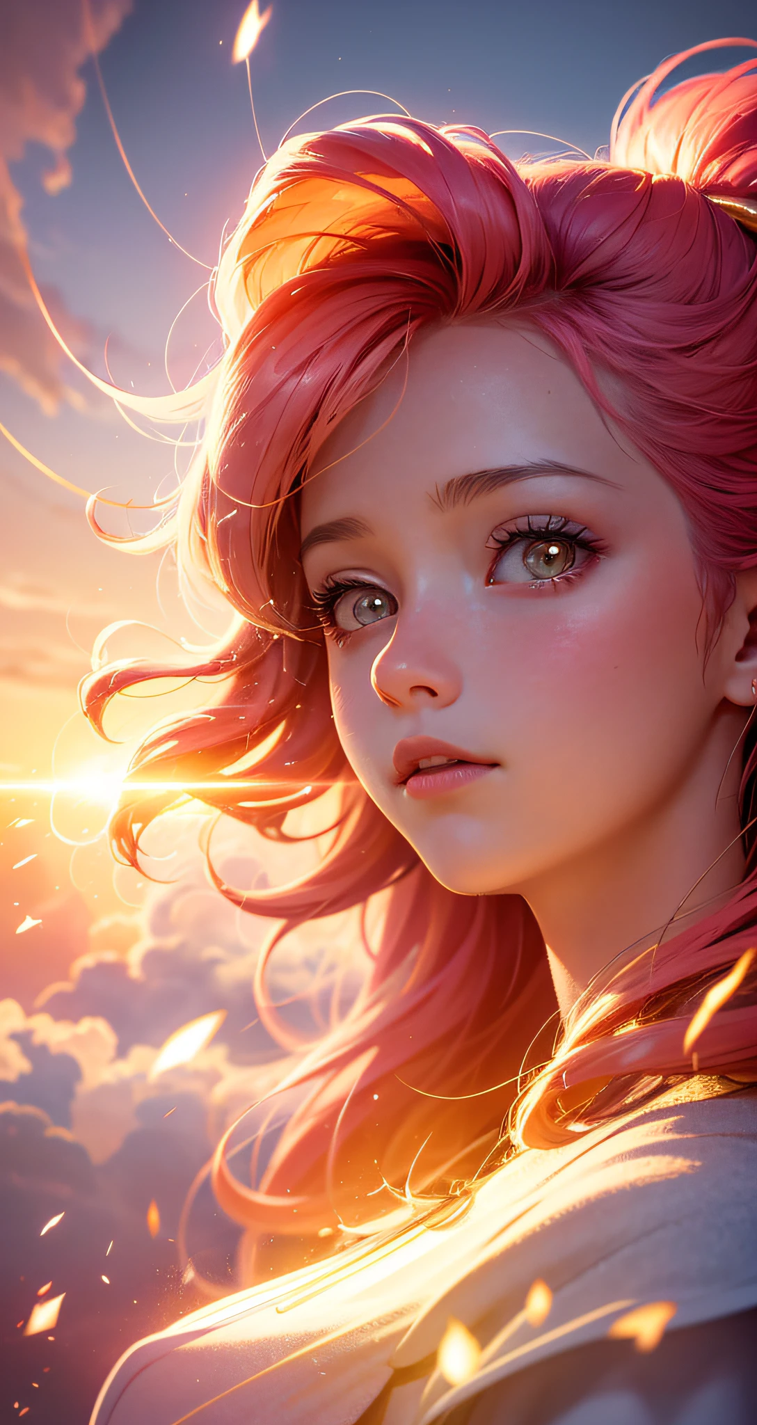 "Masterpiece, superior quality, cinematic depth, girl floating in the clouds, close-up, soft and cozy glow, golden sunset light, overflowing happiness, (sparks: 0.7)"