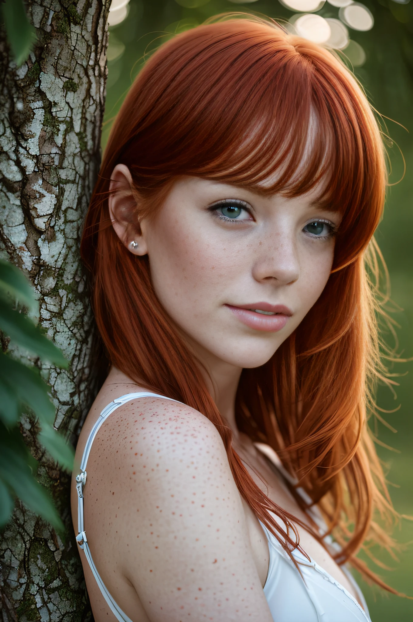 A portrait of a 30-year-old redhead, a few small freckles, in lingerie, peeled, leaning against a tree in the middle of nature, goosebumps, cinematic, faded colors, dark shot, muted colors, grainy film, lut, crazy details, complex details, hyperdetailed, sunset, shyness, seduction, romanticism, love look, f 7