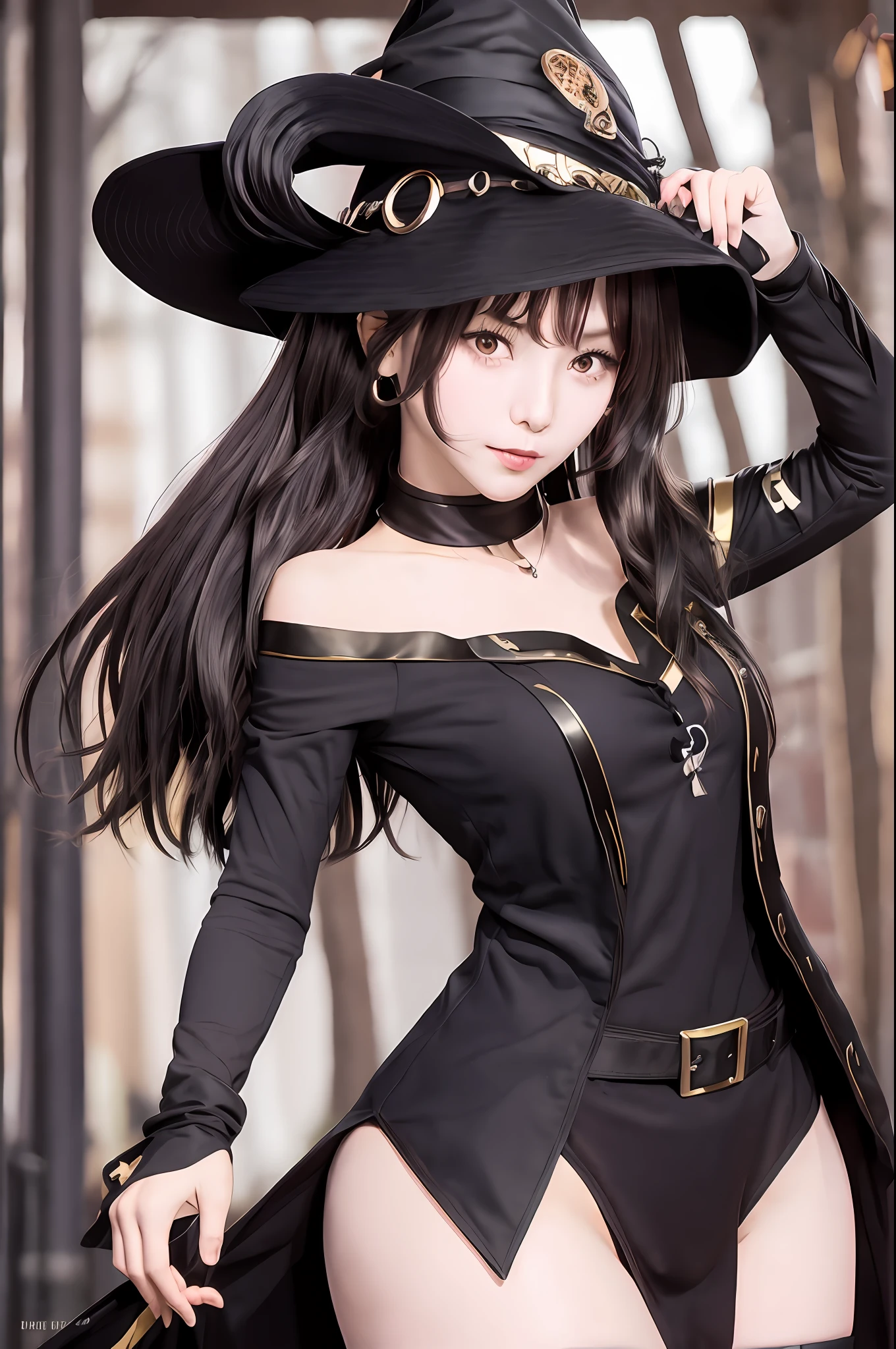 megumin, kono subarashii sekai ni shukufuku wo!, 1girl, solo, standing, looking at viewer, hat, witch hat, brown hair, short hair with long locks, red eyes, blush, evil grin, black choker, collarbone, flat chest, off-shoulder dress, dress, red dress, brown cape, long sleeves, black gloves, fingerless gloves, belt, brown belt, gold trim, zettai ryouiki, skindentation, (asymmetrical legwear:1.4), mismatched legwear, (bandaged leg:1.3), black thighhighs, (arms behind back:1.3), 

(forest:1.4)