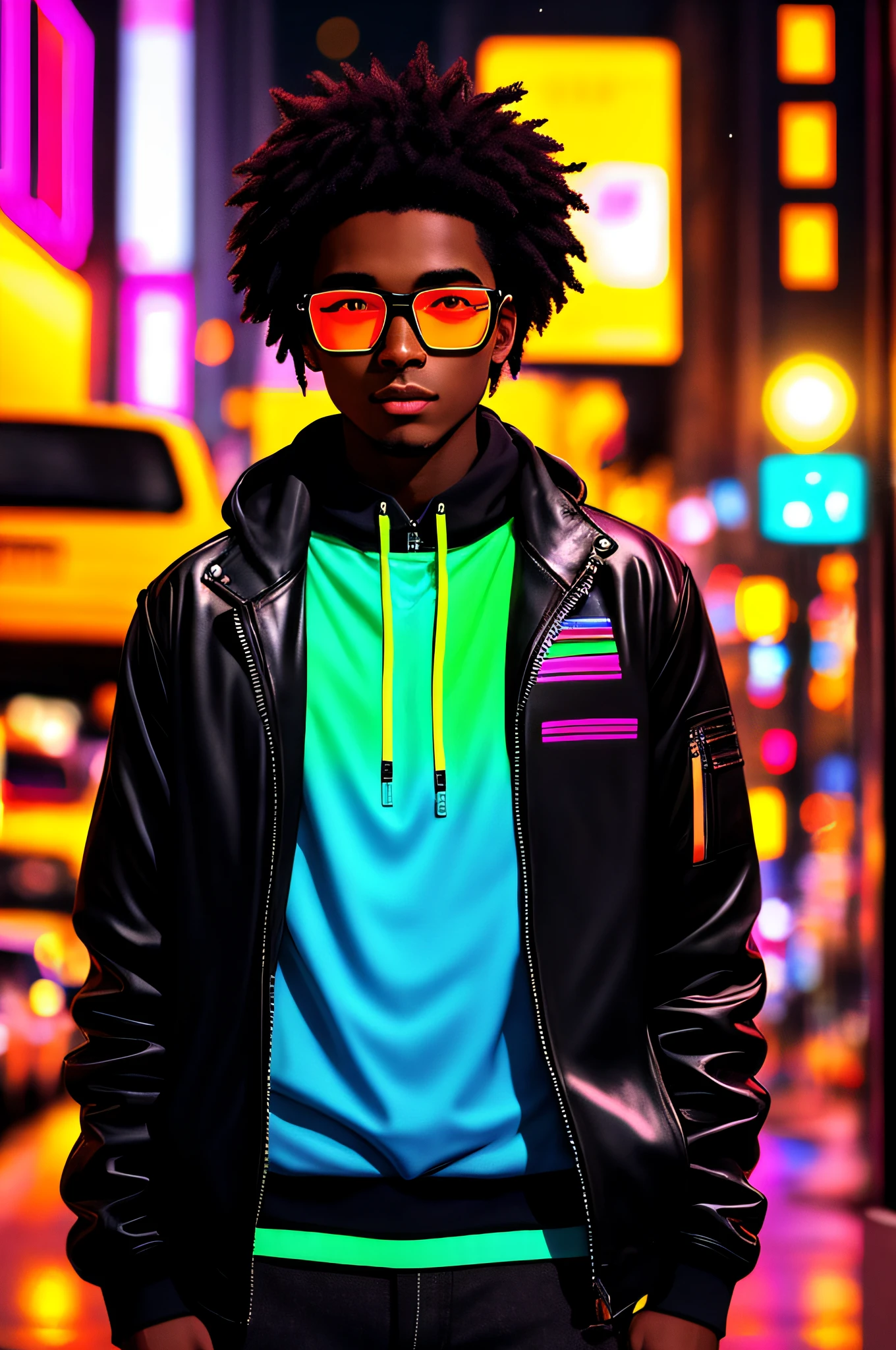 An award-winning masterpiece photo of a young black man with cyborg black hair with psychedelic colors standing on a city street at night in the rain, wearing neon-colored bright glasses, 8k, (high quality: 1.1), (cinematic feel: 1.1), dark and deep shadows, incredibly intricate detailing, art, (up close: 1.1), from above, looking at the observer,  (bright: 1.1), (chromatic aberration,: 1.2) background with floating light artifacts
