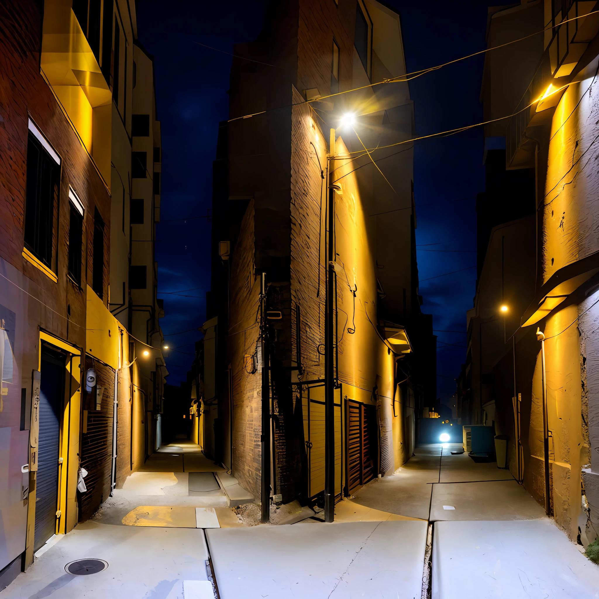 thenightfeeling, a narrow alley with a no parking sign on it at night, with a yellow light on the side of the alley,electric poles, exposed tubolation,basement windows with light on,