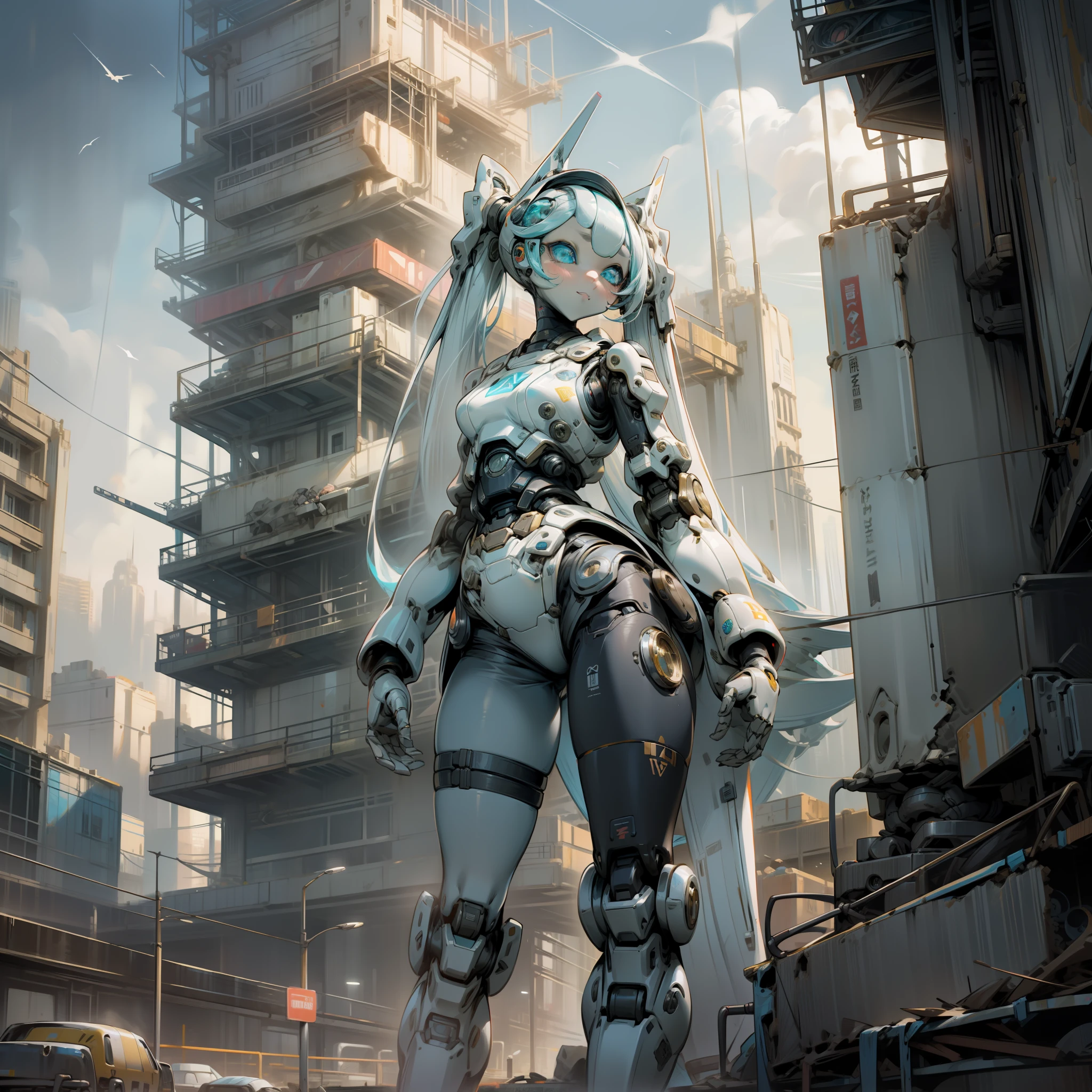 Beautiful and detailed image, drossel, twintail, boots, woman, robot, smile, blue eyes, looking at the viewer, small breasts, 4k, masterpiece, best quality, solo, single character, high detail, (no mouth), big eyes, full-length, future, science fiction, legs, metal hair, huge dump, excavator, grimly, tower, mountains of garbage, wrecked cars, ruined city, sunset, evening, city ruins, anime character,  Android, Robot, SFW, Starry Sky, Human Height, Flooded City, Construction Crane, Legs Spread, Cyberpunk 2077, Neon, Sandstorm