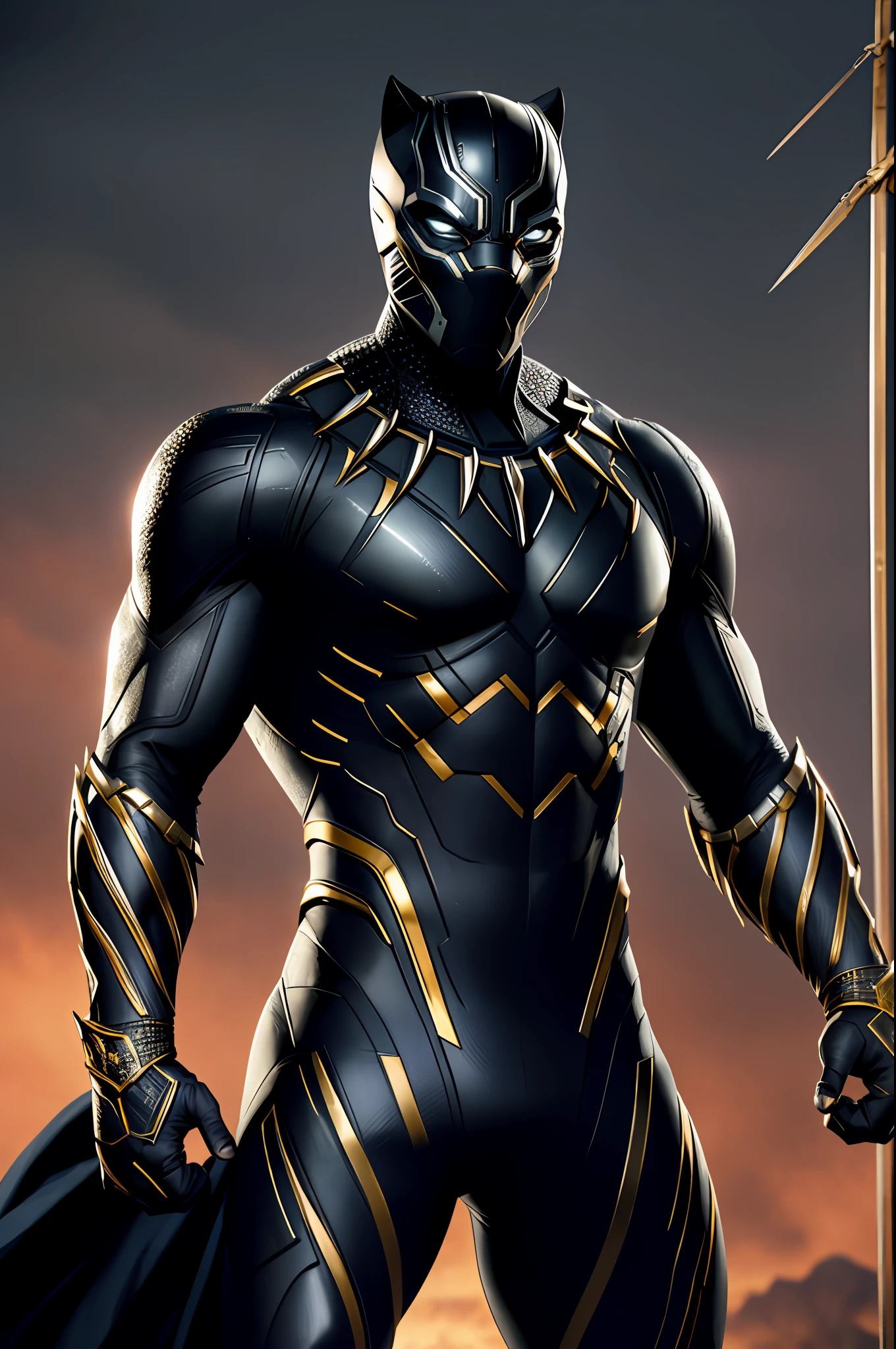 (8k, RAW photo, best quality, masterpiece: 1.2), ultra detailed, official art, photo-realistic: 1.37, upper body shot, Black Panther wonder, with gold armor, film grain, action pose