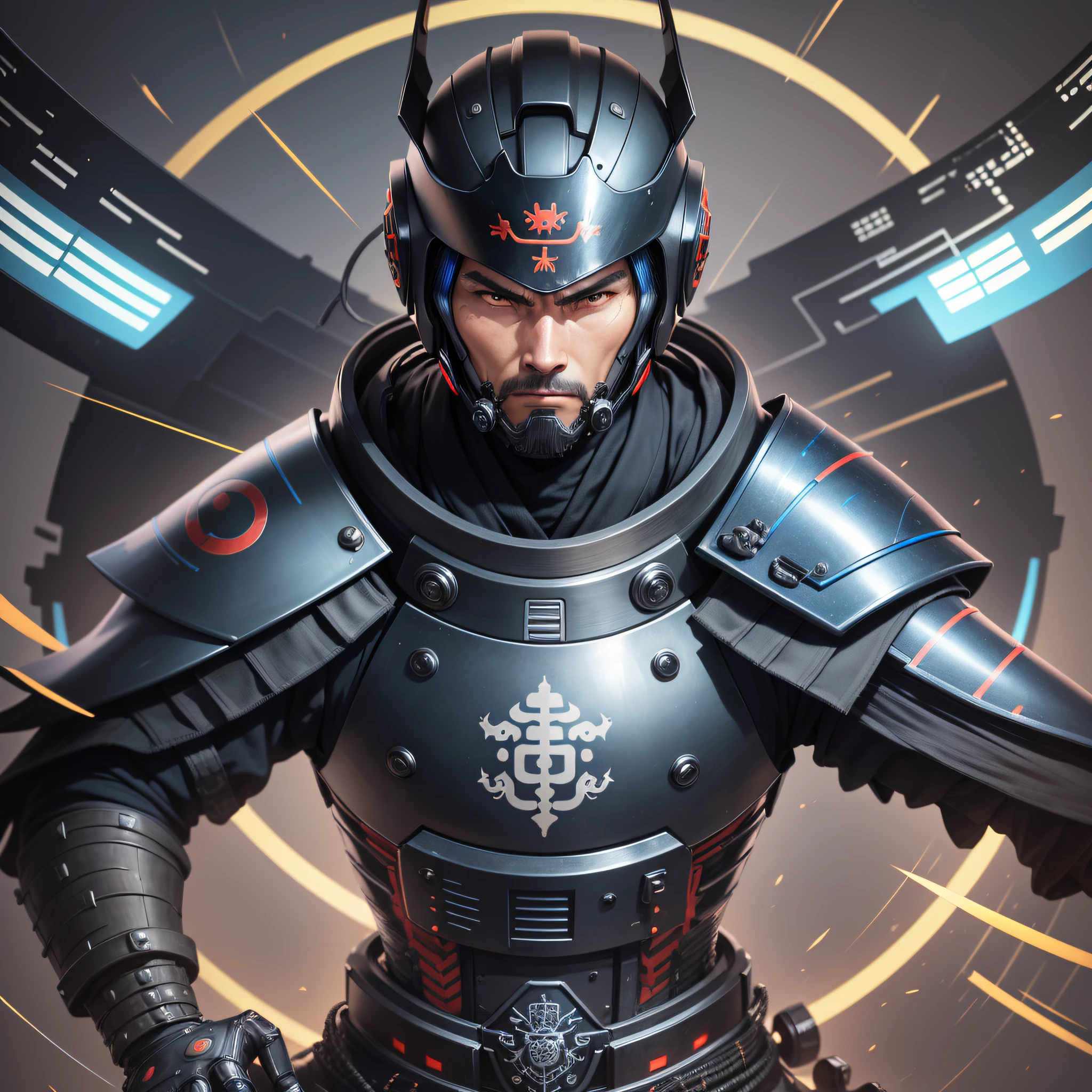 High quality logo, ultra detailed in 4k, extremely detailed texture, perfect lighting, high level image quality. That presents the helmet of a cybernetic samurai, in black and metallic blue colors, with crossed swords behind the helmet, pointed downwards, this samurai will be a protector of a computer network, can be represented within a circle or a rectangle, this art would be used as an icon of a cyber security team,  on the chest of the samurei could have a coat of arms with the letters C and S engraved, this samurai would represent a team of cber security --auto --s2