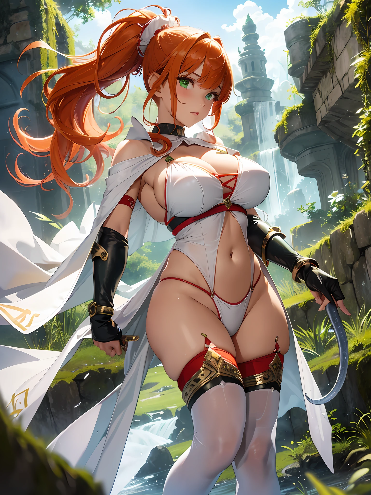 masterpiece, bset quality,detailed and clean eyes, big, hyperdimensional legend Lal, 1girl, emphasizing big, shiny skin, shiny big, 4k, female knight fighting brave monster, 1 girl,(red armor, red thong bikini、white cape、red wristband、red thighhighs、navel) , cleavage, constriction, (orange hair, long ponytail, bangs, green eyes), sword, stone wall dungeon, background blurred, sweat, blush, hair luster, bare shoulders, yellow choker, (tentacle bound legs,tentacle pit,tentacle bound wrists,tentacle bound arms),