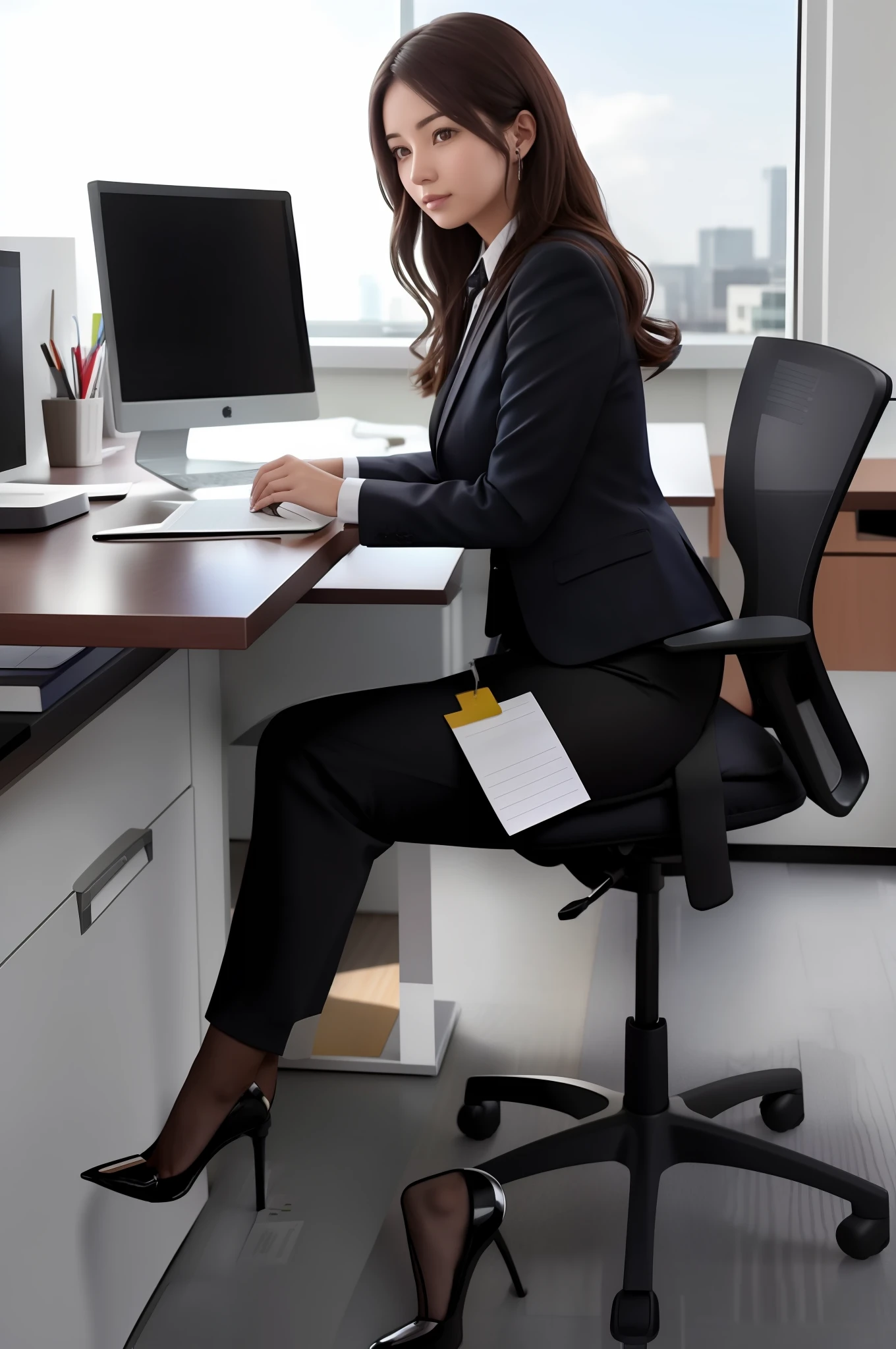 Woman sitting on chair with computer and notepad, sitting in chair, sitting on chair,
