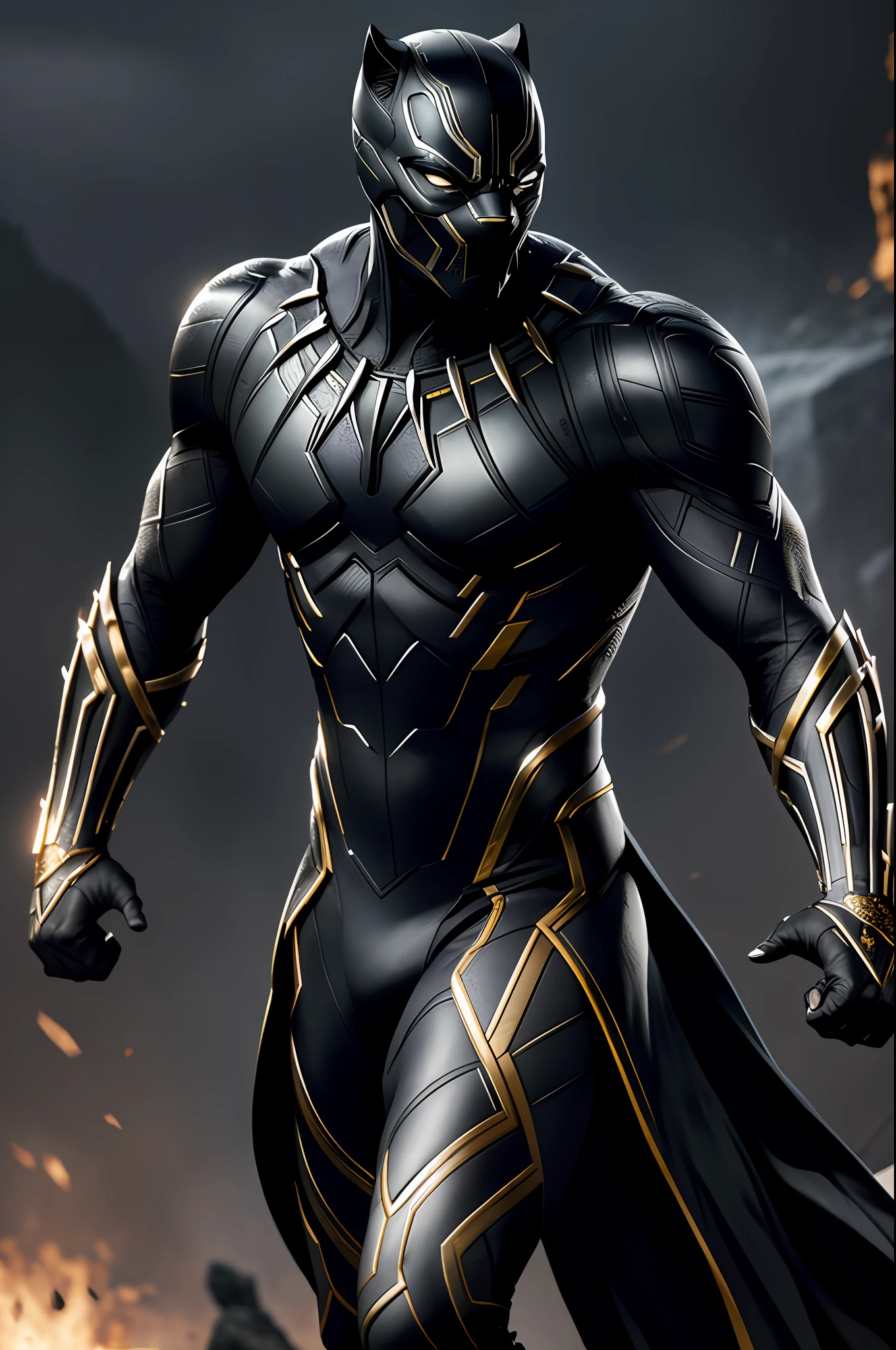 (8k, RAW photo, best quality, masterpiece: 1.2), ultra detailed, official art, photo-realistic: 1.37, upper body shot, Black Panther wonder, with gold armor, film grain, action pose