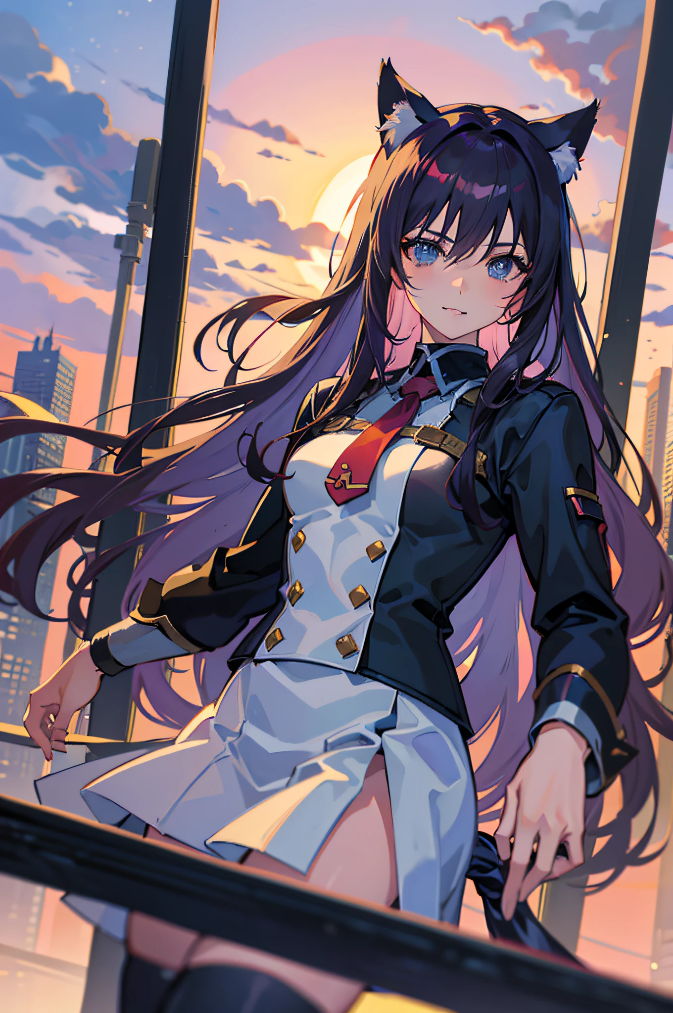 ((Top Quality, 8K,)) anime girl with long hair and cat ears standing in front of the city, Rin Tosaka, anime moe art style, anime style like Fate/stay night, anime girl with long hair, very cute anime girl face, nightcore, from the front line of girls, cute anime girl portrait, anime girl with cat ears, High quality anime art style, "beautiful anime woman" smile morning