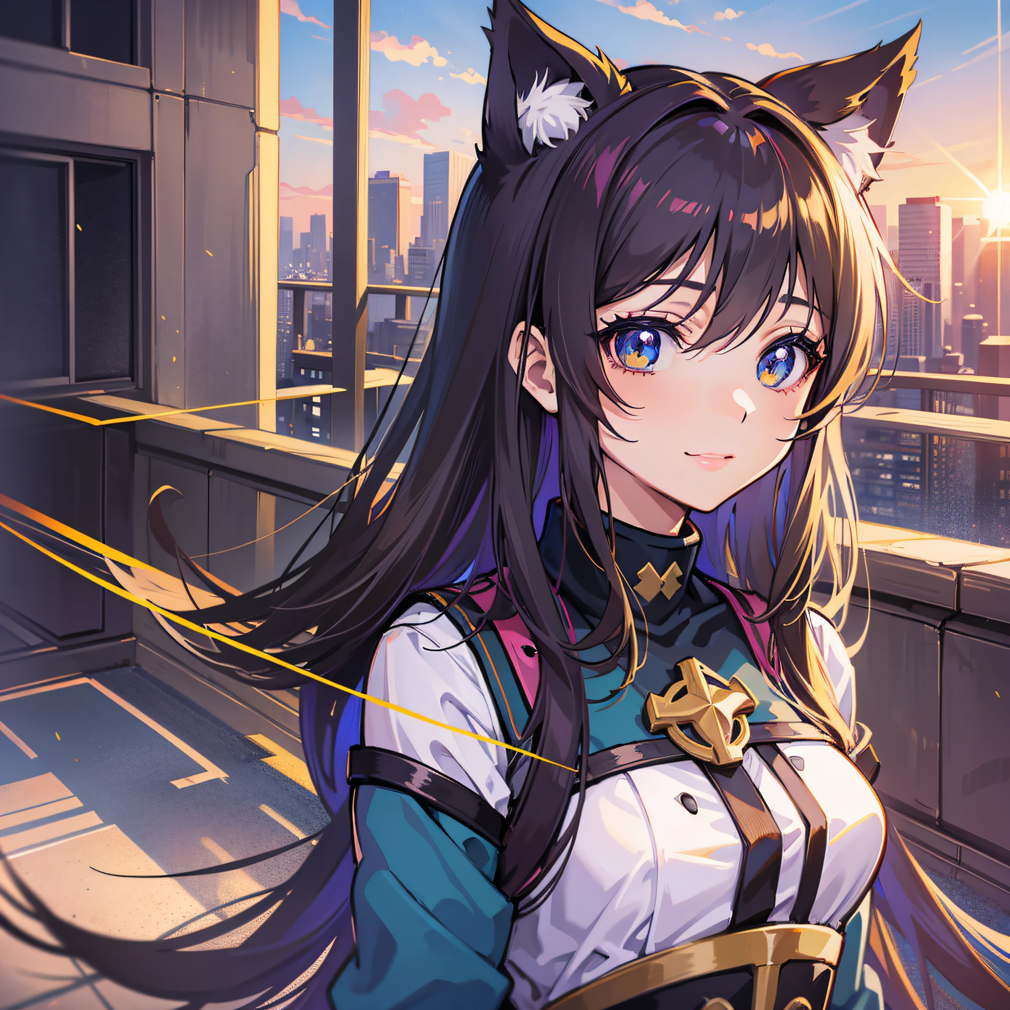 ((Top Quality, 8K,)) anime girl with long hair and cat ears standing in front of the city, Rin Tosaka, anime moe art style, anime style like Fate/stay night, anime girl with long hair, very cute anime girl face, nightcore, from the front line of girls, cute anime girl portrait, anime girl with cat ears, High quality anime art style, "beautiful anime woman" smile morning morning sun bright day sun is out