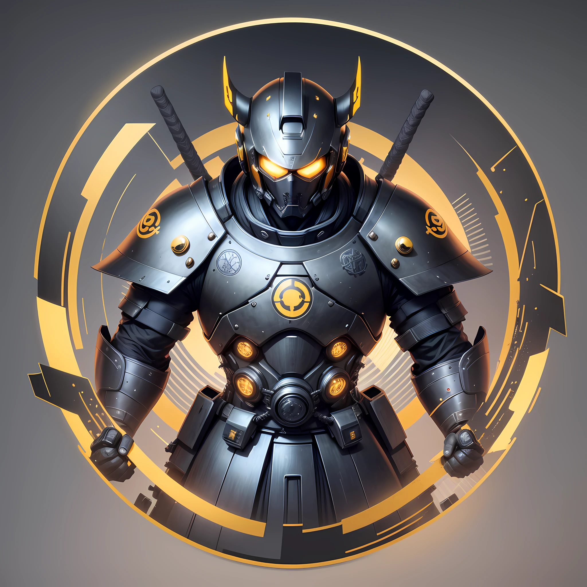 High quality logo, ultra detailed in 4k, extremely detailed texture, perfect lighting, high level image quality. That presents the helmet of a cybernetic samurai, in black and yellow gold colors, with crossed swords behind the helmet, pointed downwards, this samurai will be a protector of a computer network, can be represented within a circle or a rectangle, this art would be used as an icon of a cyber security team,  on the samurei's chest could have a coat of arms with the letters C and S engraved, this samurai would represent a team of cber security. --auto --s2