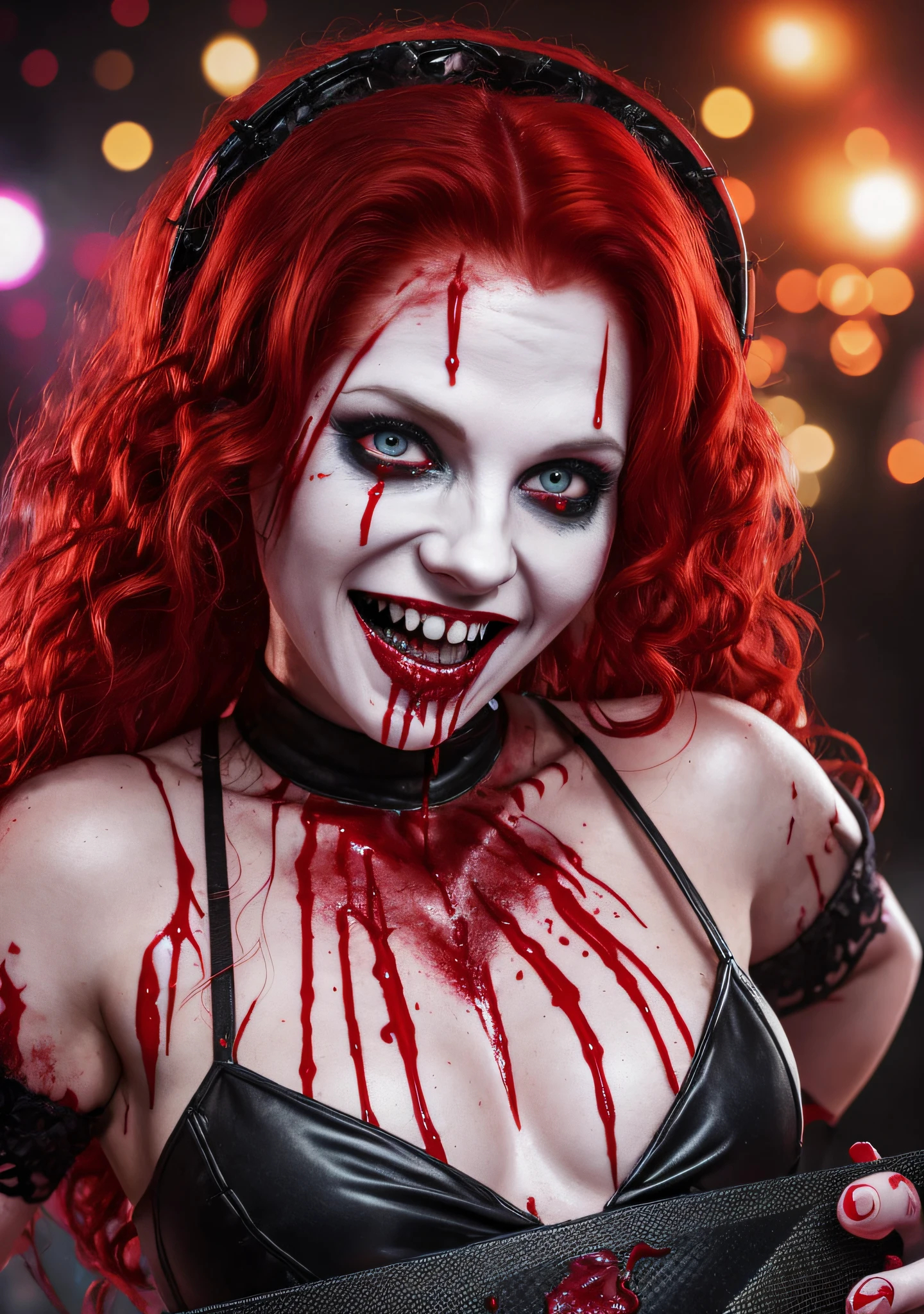 Photo of redhead DJ nun woman with blood dripping down her face, detailed skin texture, wavy hair, fangs, bokeh background, at night, 1girl, grin, horror theme, maniacal smile, predatory eyes, ultra realistic, Tim Burton style, she is in a rave inside a church, vampires in the background.
