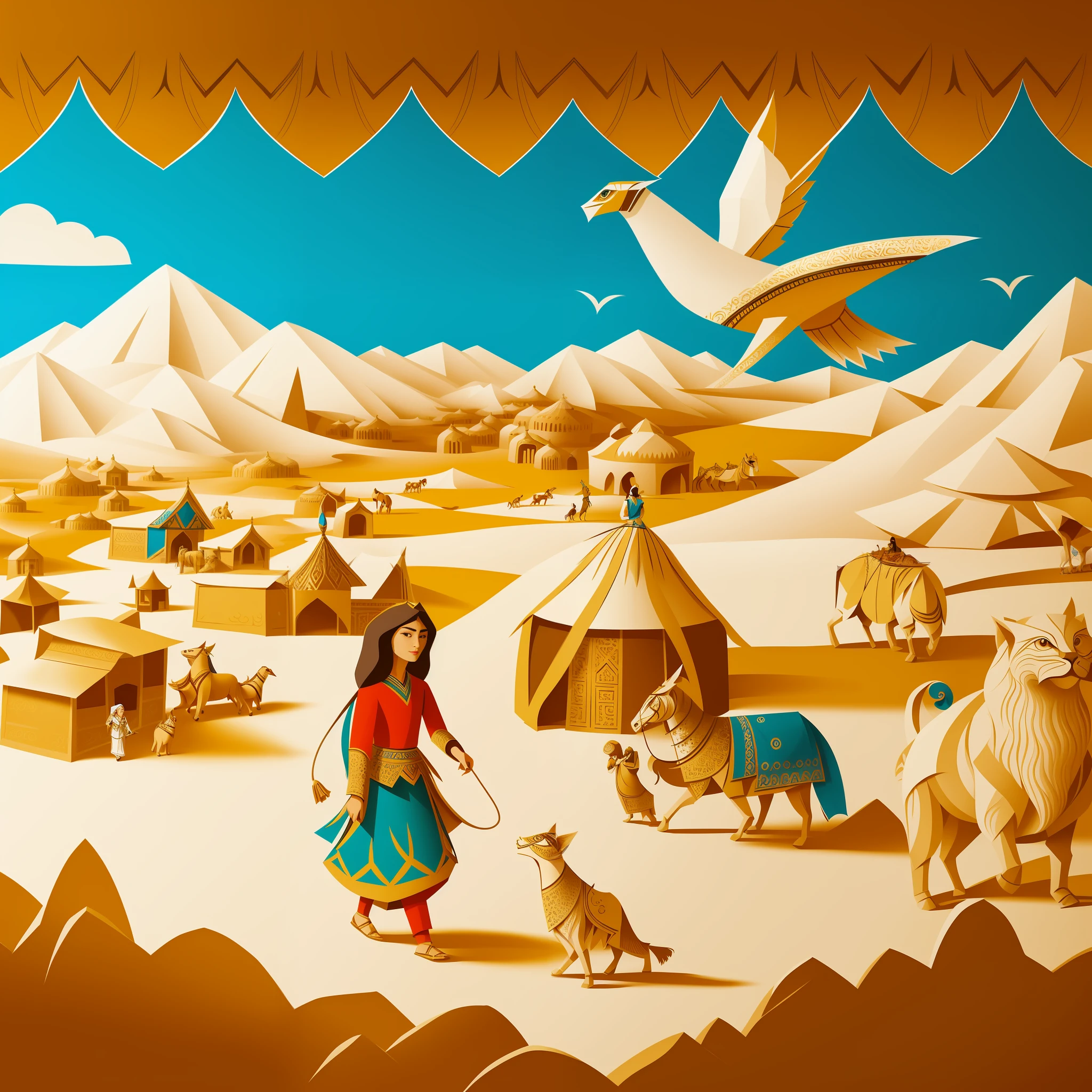 there is a woman that is walking in the desert with animals, mongolia, persian folktale artstyle, persian folklore illustration, persian folkore artstyle, sci - fi mongolian village, kirigami, paper art, painting of samarkand, by Ahmed Karahisari, a beautiful artwork illustration, by Sohrab Sepehri, laurent durieux