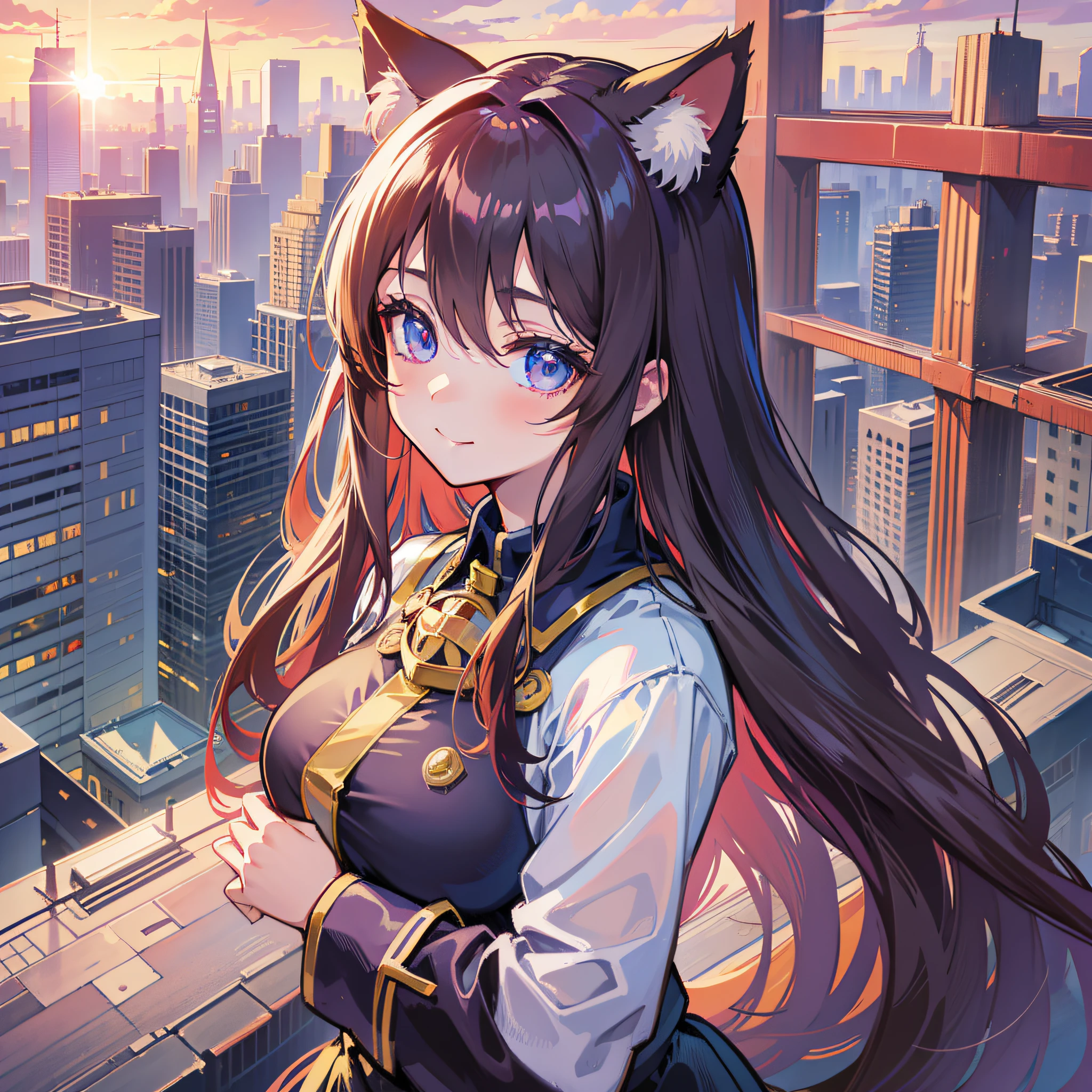 ((Top Quality, 8K,)) anime girl with long hair and cat ears standing in front of the city, Rin Tosaka, anime moe art style, anime style like Fate/stay night, anime girl with long hair, very cute anime girl face, nightcore, from the front line of girls, cute anime girl portrait, anime girl with cat ears, High quality anime art style, "beautiful anime woman" smile morning morning sun bright day sun is out