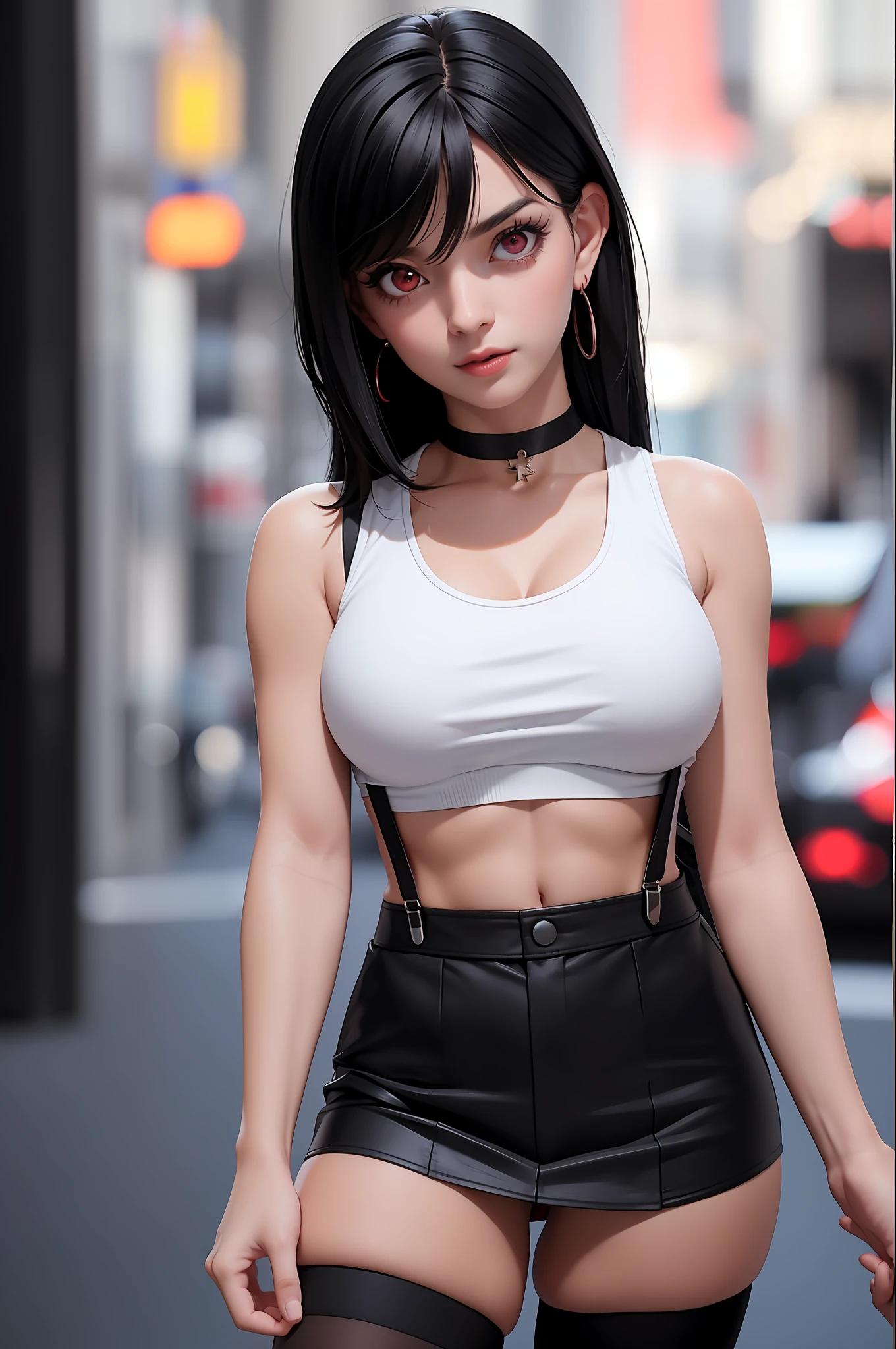 masterpiece, best quality,3d rending work ,3DMM style,close-up, 3D,1girl, solo, black hair, teardropshaped earrings, realistic, upper body, urban city background, bangs, long straight black hair, parted lips, choker, makeup, (white tank top:1.3), (red eyes:1.3) tifa lockhart, (perky breasts:1.5) cleavage, exposed stomach, toned abs, toned arms, (black miniskirt1.2) suspenders, stockings