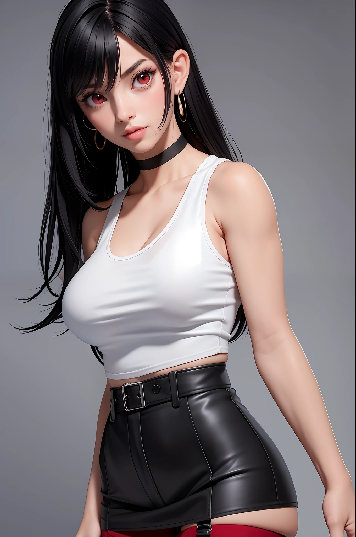 masterpiece, best quality,3d rending work ,3DMM style,close-up, 3D,1girl, solo, black hair, teardropshaped earrings, realistic, upper body, urban city background, bangs, long straight black hair, parted lips, choker, makeup, (white tank top:1.3), (red eyes:1.3) tifa lockhart, (perky breasts:1.5) cleavage, exposed stomach, toned abs, toned arms, (black miniskirt1.2) suspenders, stockings