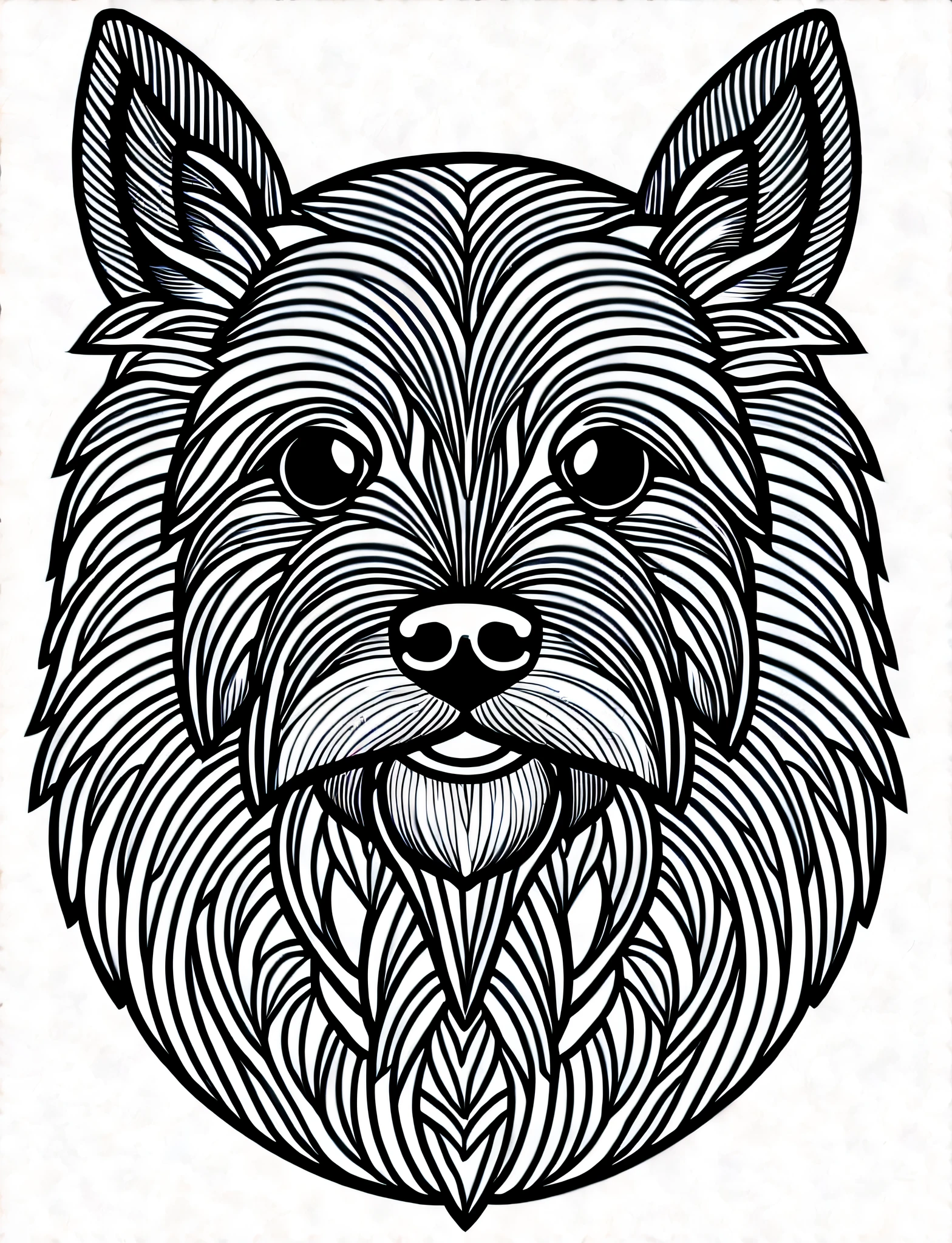 a dog style Cairn Terrier, fantasy, magical, mandala, happy, black and white, wavy lines equal, realistic line art drawing, coloring book page, no noise, sharp thick lines, contour art, centered image, isolated on a white background