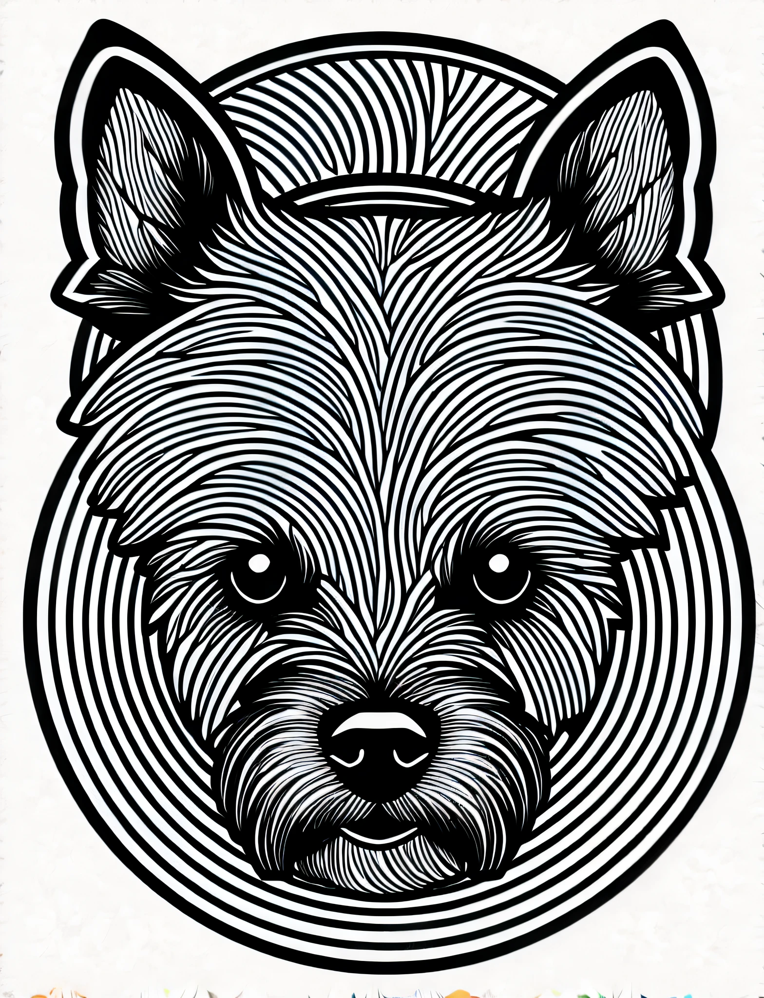 a dog style Cairn Terrier, fantasy, magical, mandala, happy, black and white, wavy lines equal, realistic line art drawing, coloring book page, no noise, sharp thick lines, contour art, centered image, isolated on a white background