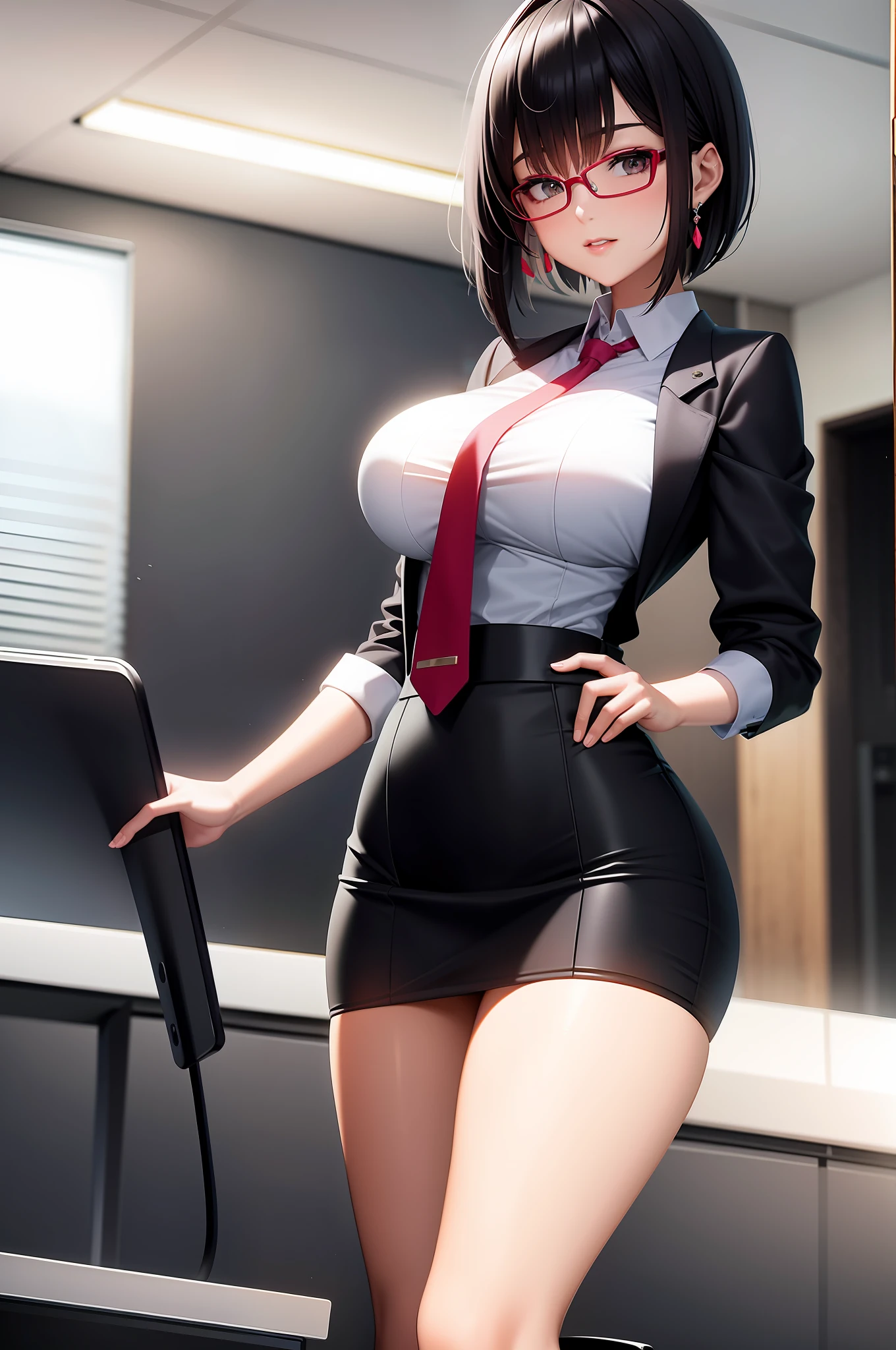 anime - style image of a woman in a short skirt and glasses, wearing a strict business suit, a hyperrealistic schoolgirl, hyperrealistic schoolgirl, in a strict suit, seductive anime girl, smooth anime cg art, in strict suit, office clothes, mature, adult, earring, on a desk, photorealistic anime girl render, [ 4 k digital art ]!!