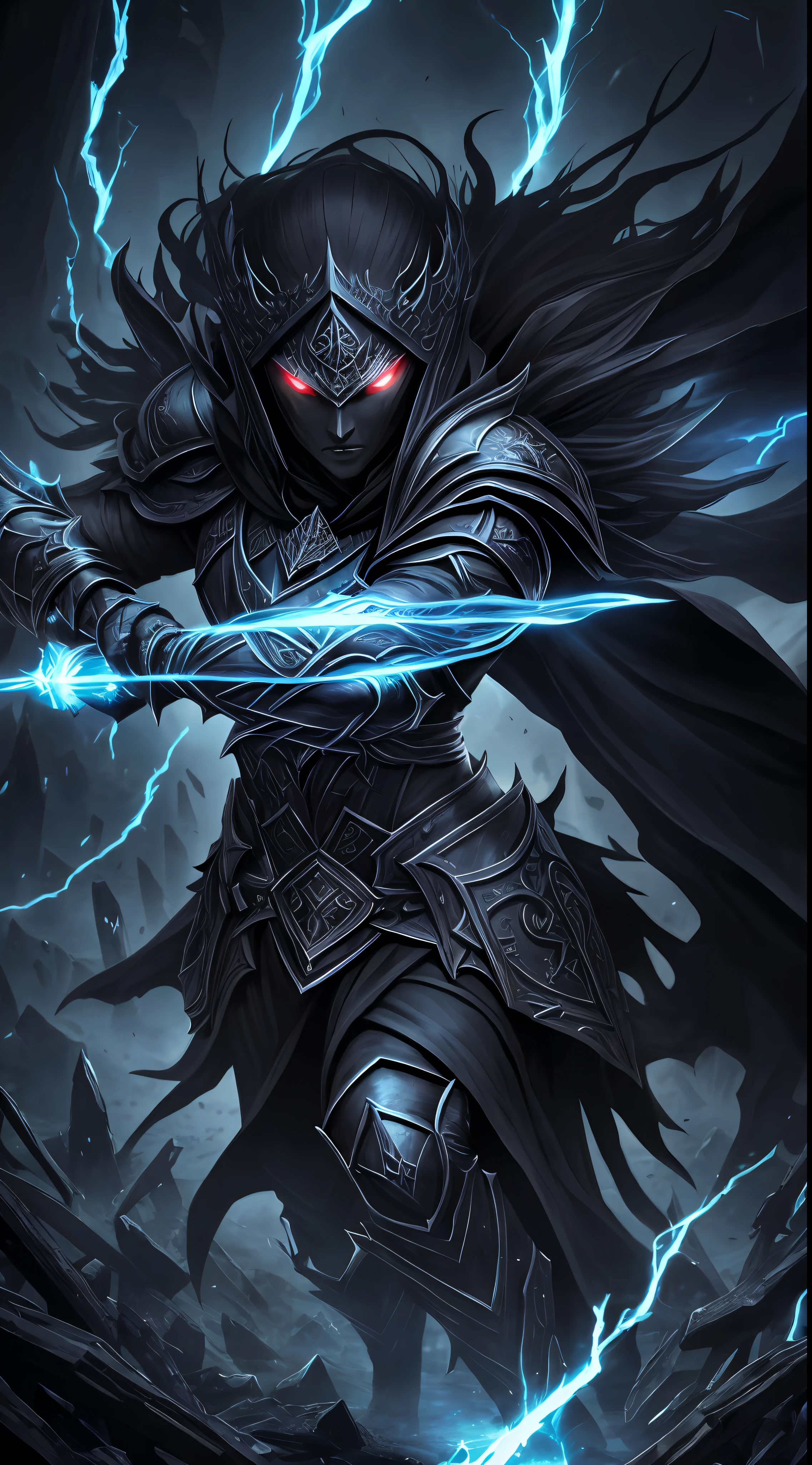 In a dark kingdom, the fearsome boss known as "The Shadow Lord" emerges. Veiled in black mist, their true form remains elusive. Sinister, glowing eyes radiate dark power. Clad in ancient, runed armor, they are an immortal, ruthless being. Agile and slender, they move with incredible speed, wielding a black sword pulsating with dark energy. Creatures of darkness stand by, ready to defend. The battleground is a ravaged field, debris bearing witness to past battles. Ominous music sets the tone, adding tension. The battle against the "Shadow Lord" tests courage, skill, strategy, and reflexes. Victory is rare, but those who conquer are revered., Gothic art, high detail, blind box toy style, cinematic lighting, speed lines, 360 view, lens flare, fisheye, first-person view, three sided view, 8k, best quality, award winning, high details, anatomically correct, masterpiece, UHD --auto --s2