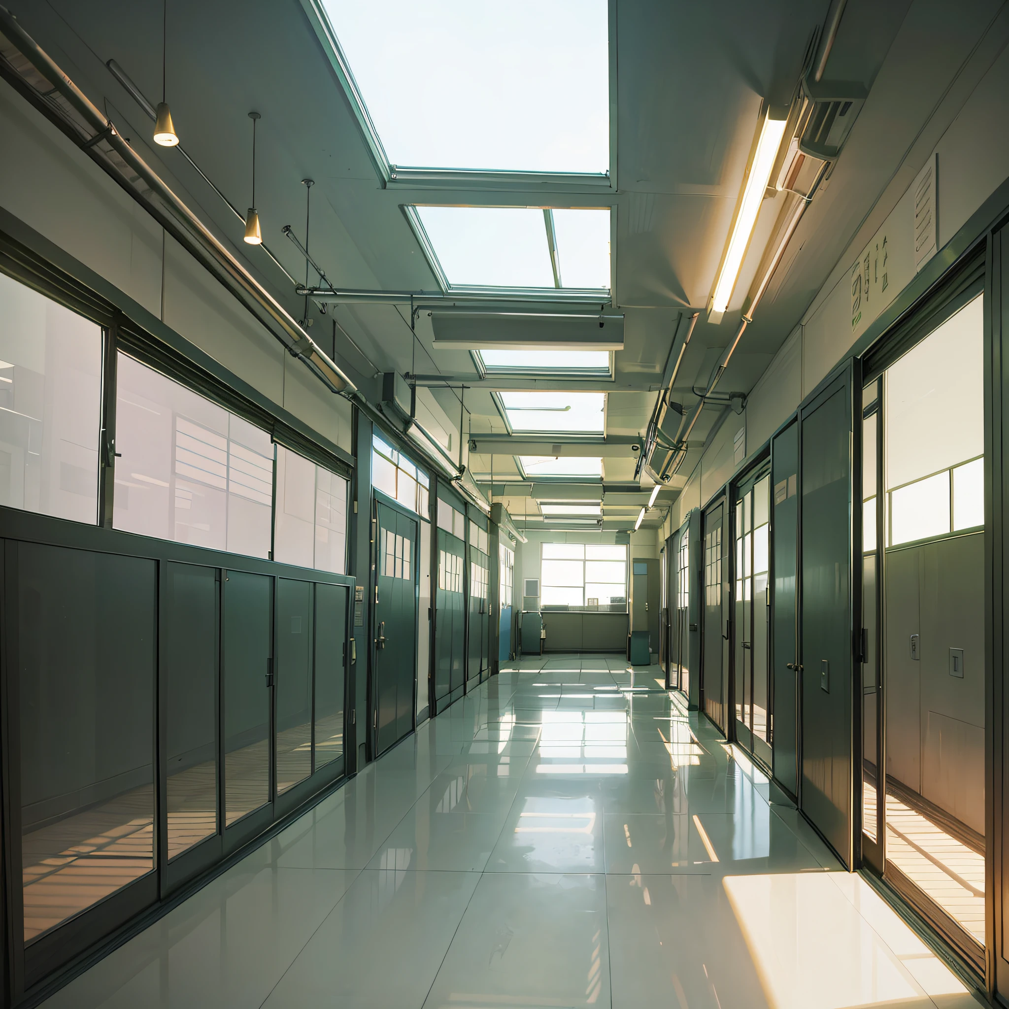 High school building, hallway, daytime, left is window, right is classroom, photo quality, realistic, no people, dense, lower left is umbrella stand, Japan, photo quality, realistic, high quality, line is straight, center point is slightly to the right, bright hallway, silence --auto --s2