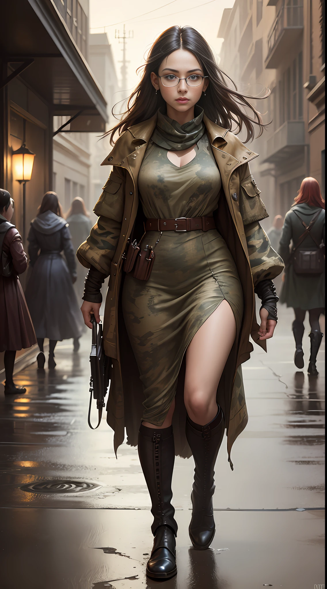 (((6 Girls))) (genetic artwork), realistic epic, hyperrealistic style. with bright blue eyes.walking down a city street with a (((red camouflaged dress)))), Jeremy Mann style, James Gurney painting style, fully clothed. sexy painting, jeremy mann art, by Marek Okon, Leonid Afremov painting, wadim kashin. ultra-realistic, by Carlos Berlanga, influenced by Jeremy Mann, elegant Clean Lines. Military camouflage sexy clothing. (((6 Girls))). Glasses reflecting light, art by greg rutkowski and artgerm, soft cinematic light, adobe lightroom, photolab, hdr, intricate, highly detailed, (depth of field:1.4), (natural skin texture, hyperrealism, soft light, sharp:1.2), (dark photo:1.22), neutral colors, (hdr:1.4), (muted colors:1.4), (intricate), (artstation:1.2), hyperdetailed, dramatic, intricate details, (technicolor:0.9), (rutkowski:0.8), cinematic, detailed,  (intricate details:1.12), HDR, (intricate details, hyperdetailed:1.15)