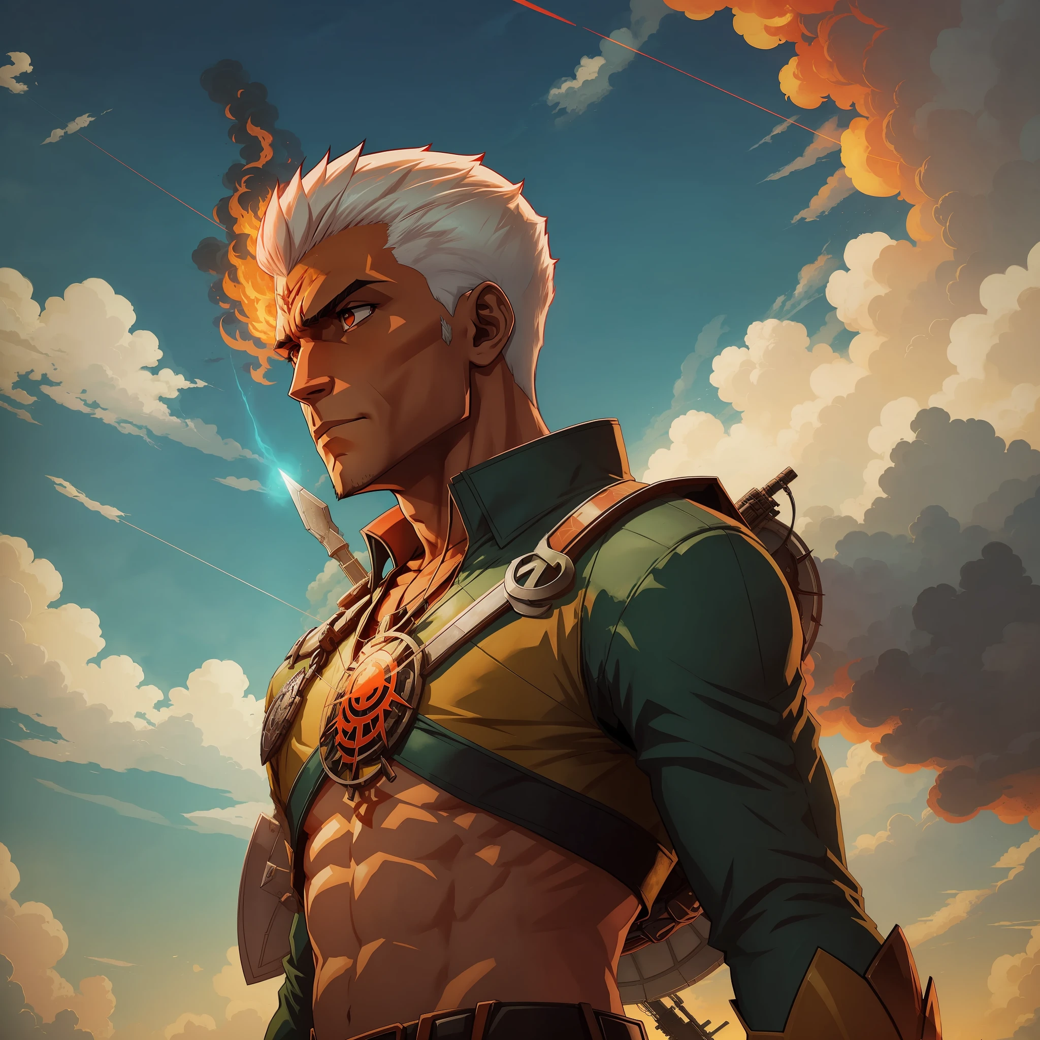 Archer staring at a burning horizon infested with demons while the gods watching everything from the sky --auto --s2