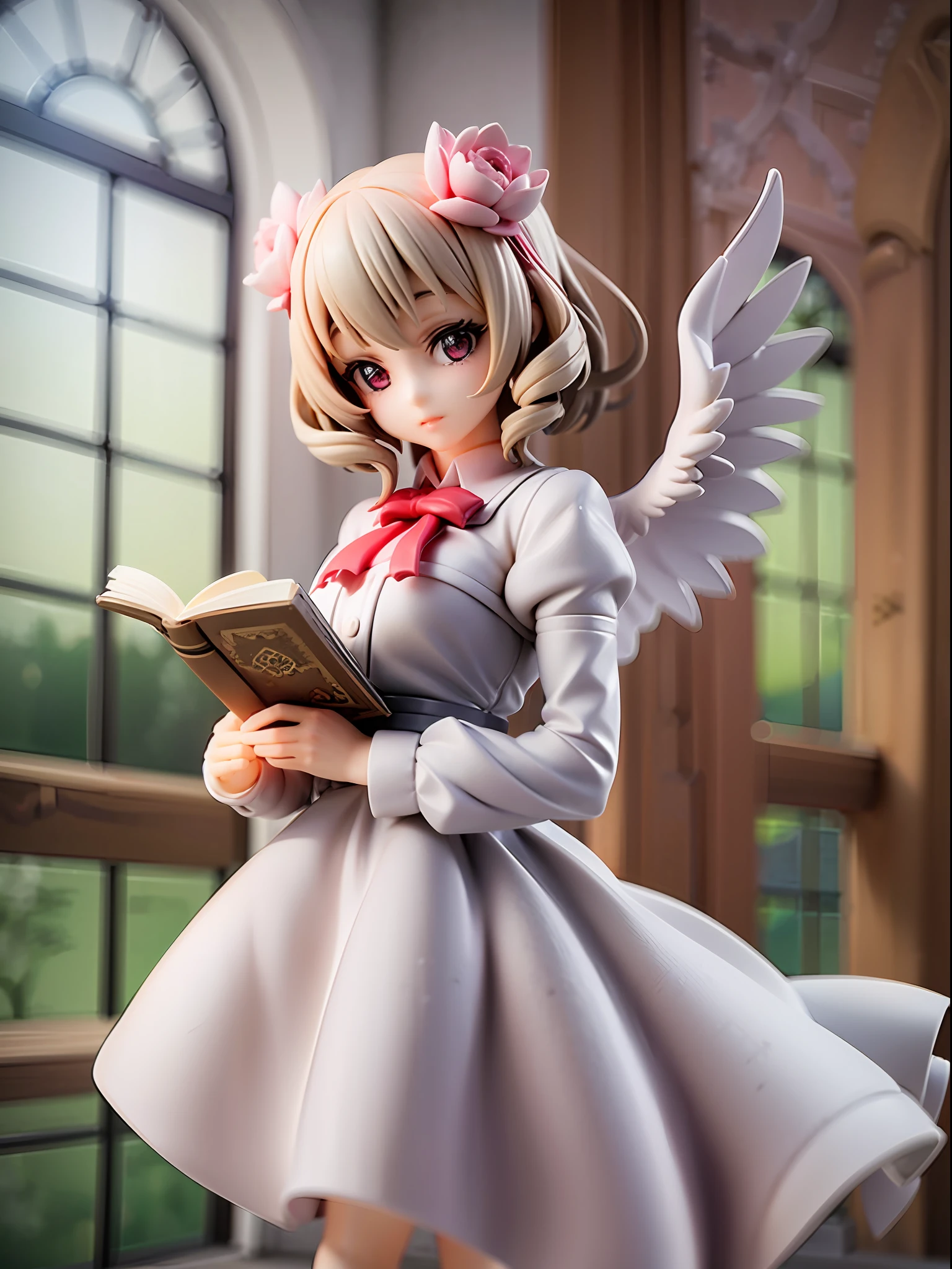 Girl, cute like an angel, with four angel wings, white dress, library, reading, magic book, otherworldly library, atmosphere full of magic, super high quality, figures