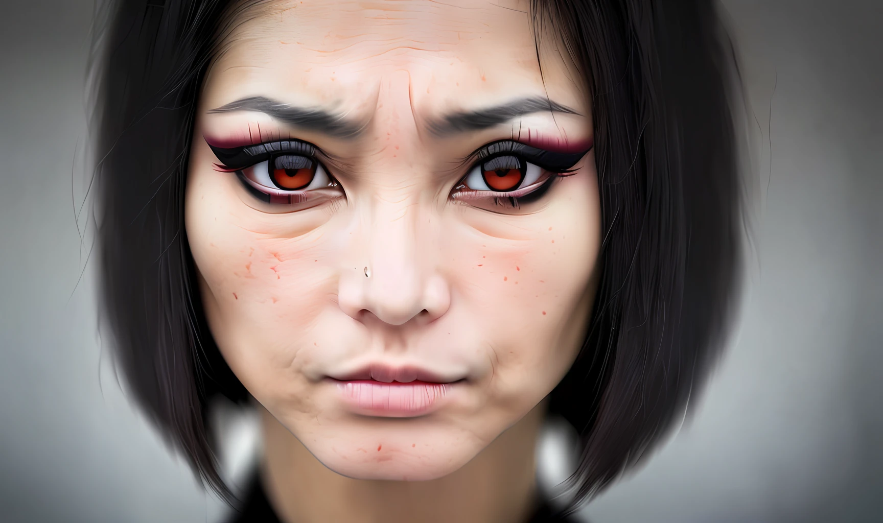 a woman with oriental features bobbed hair and stark black eyeballs evil face