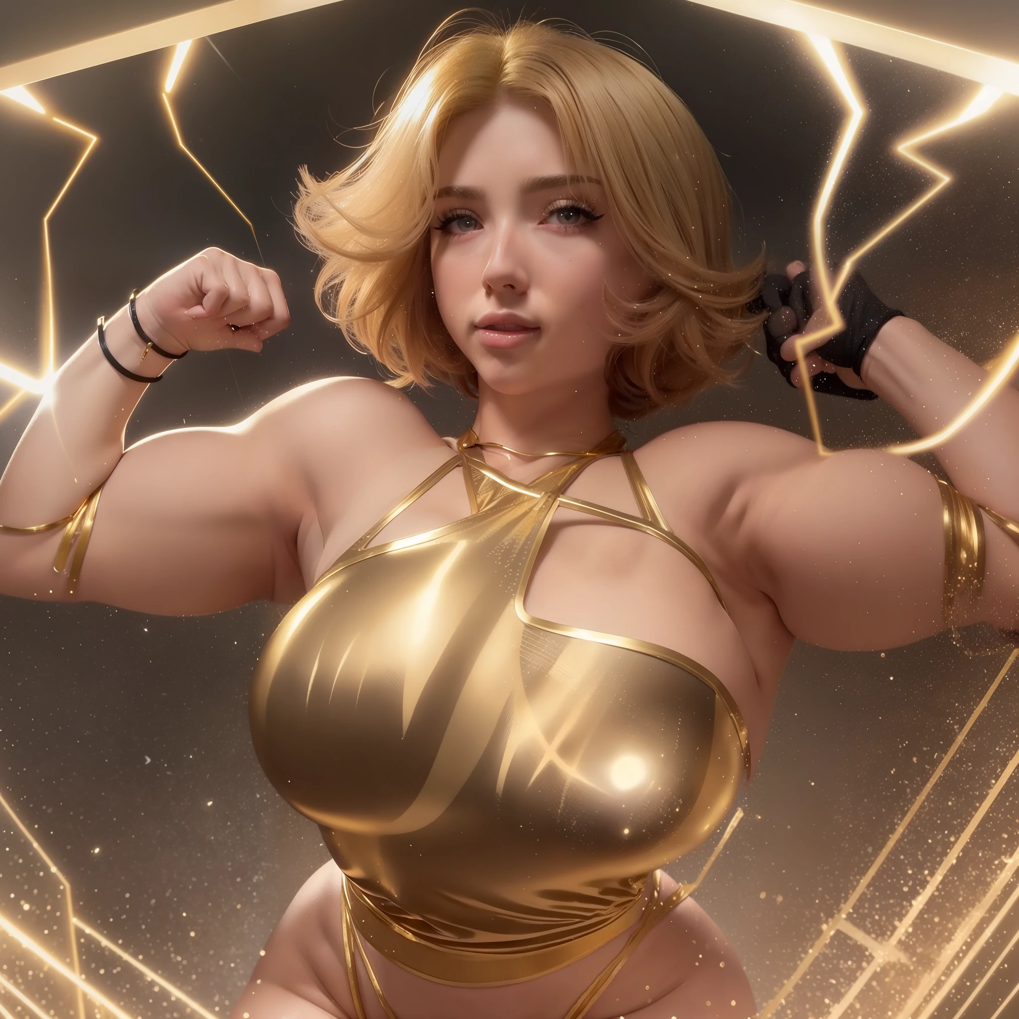 Muscular blonde woman with short hair with large breasts detailed large thighs detailed voluptuous wearing golden lingerie with thunder powers